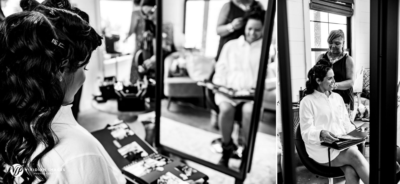 Bride seeing photo compilation album made by bridesmaids during getting ready at Meadows at Mossy Creek Wedding
