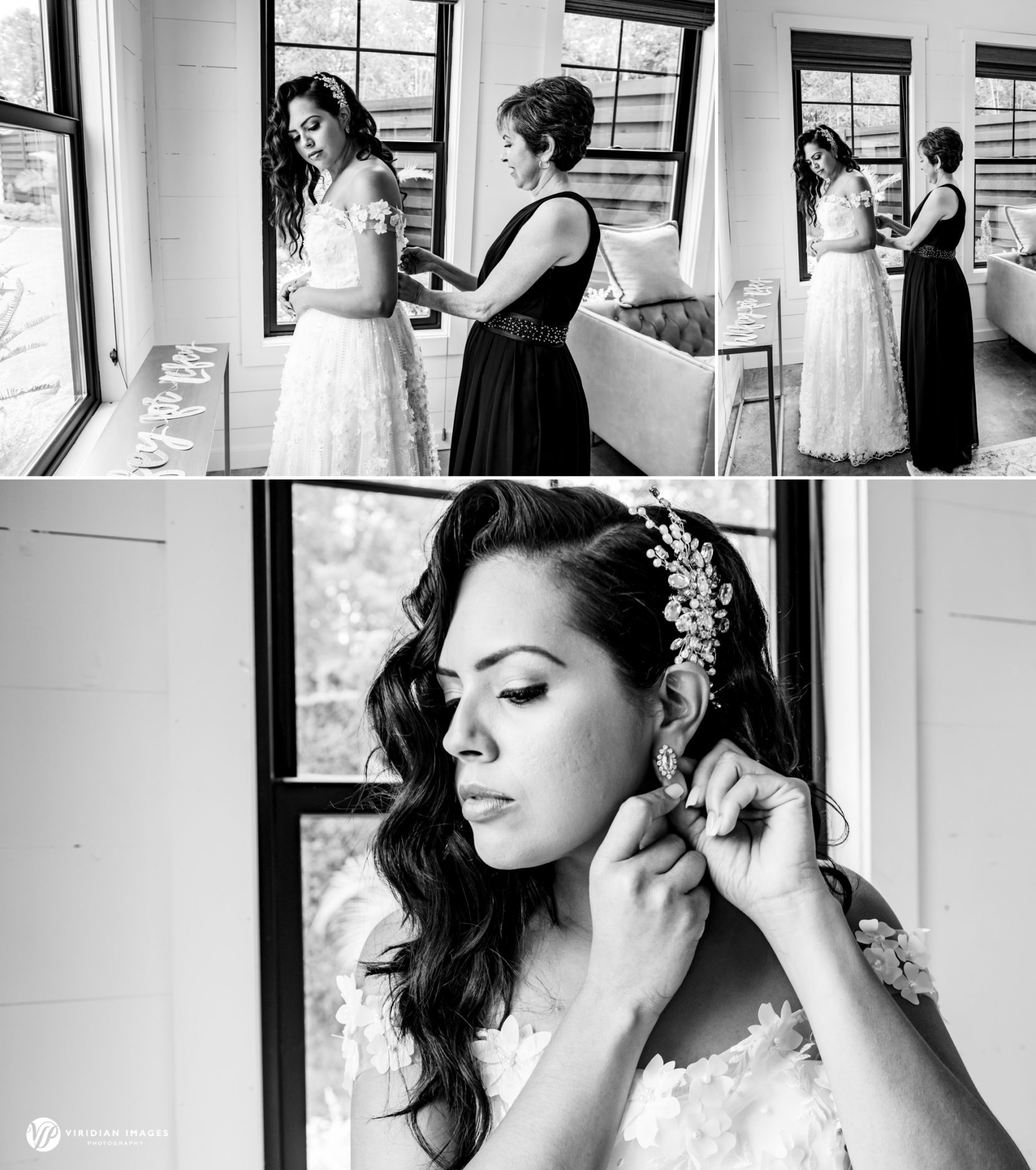 Bride being helped by mother into wedding dress at Meadows at Mossy Creek bridal suite