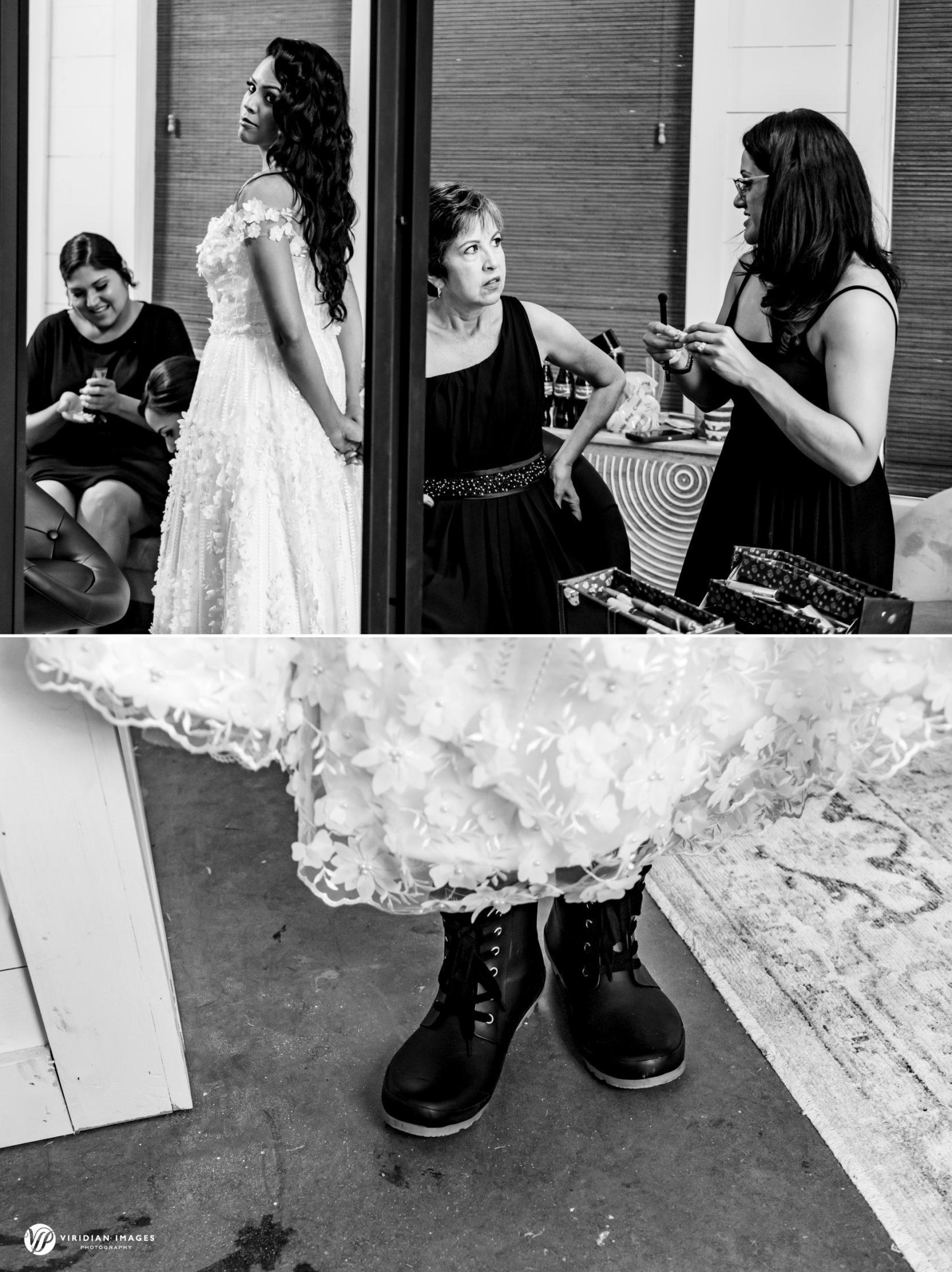 Bride looking at mirror while mom getting touch up and rain boots with wedding dress