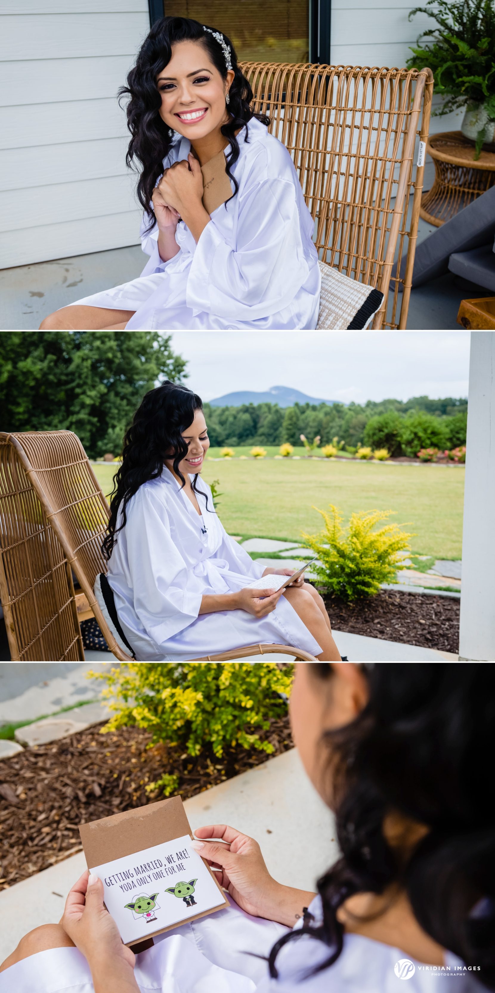 Bride reading her letter to groom sitting outside front porch