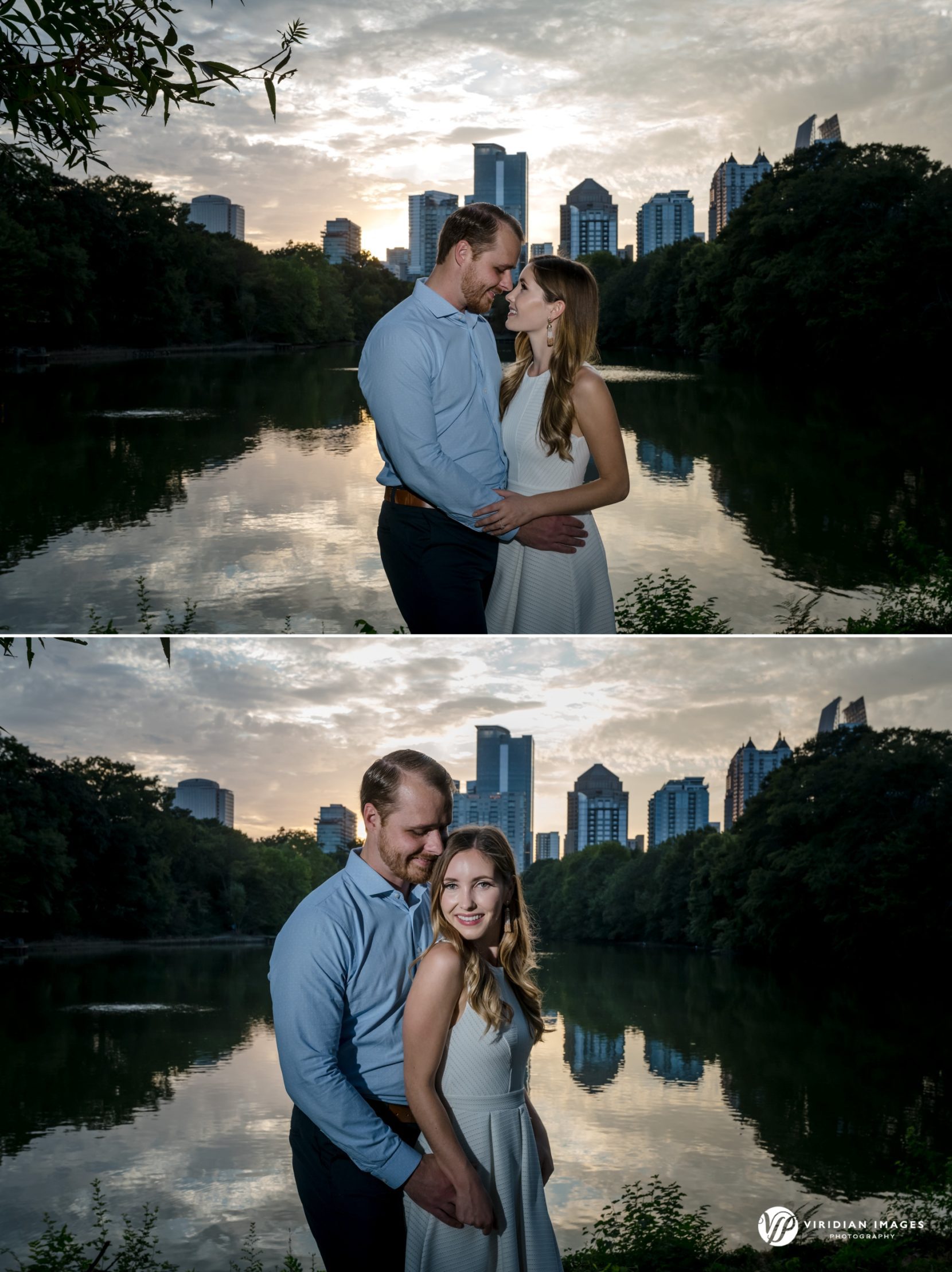 Engaged couple portrait against sunset sky at Piedmont Park