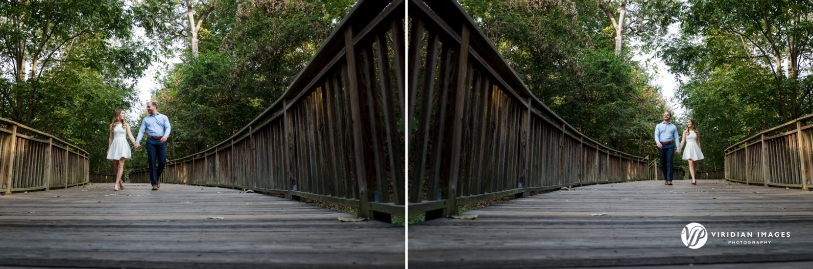 Abbey and Justin walking hand-in-hand along a scenic path in Piedmont Park, Atlanta