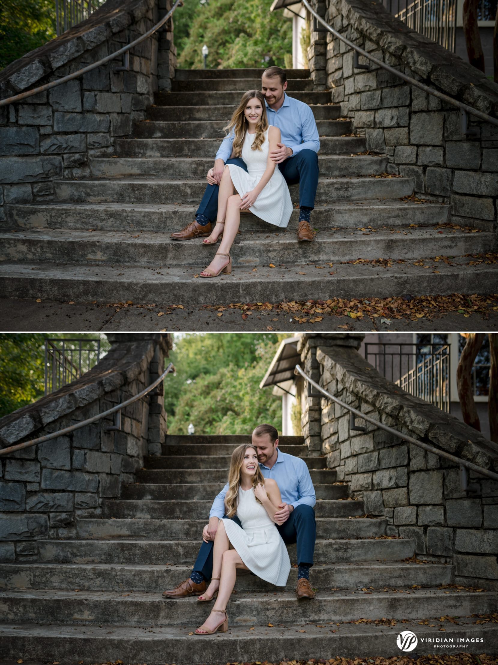 Abbey and Justin enjoying each other's company sitting on cement stairs at Piedmont Park engagement session