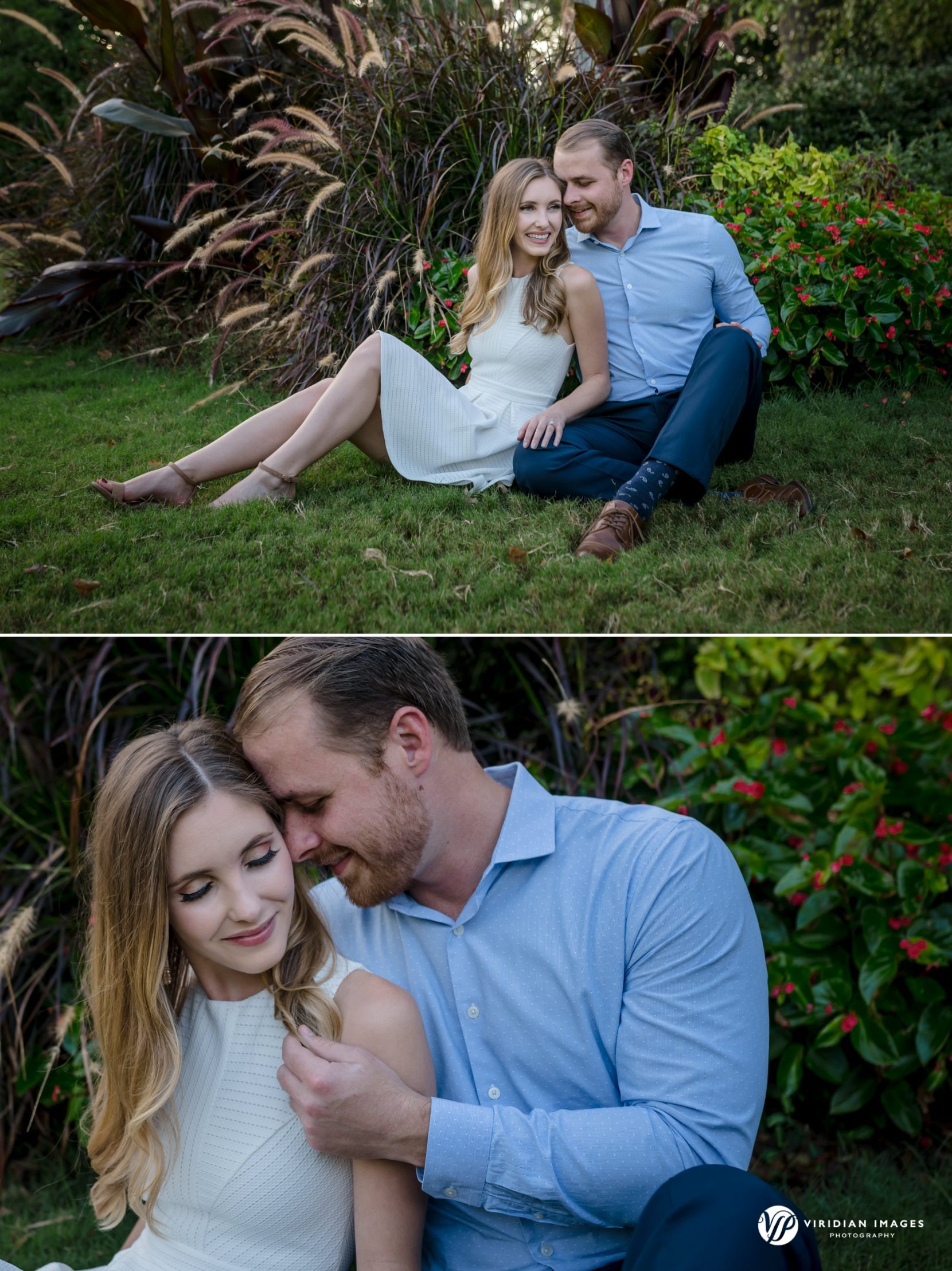 Engaged couple sharing intimate moment together sitting on lawn at Piedmont Park