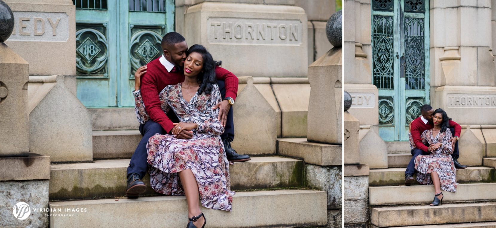 Romantic engagement portrait of couple sitting at historic Oakland Cemetery