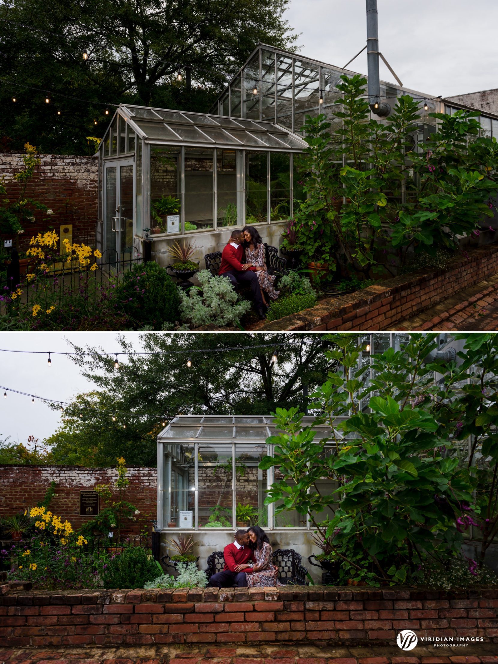 Couple sharing a moment sitting in front of glass green house at Oakland Cemetery