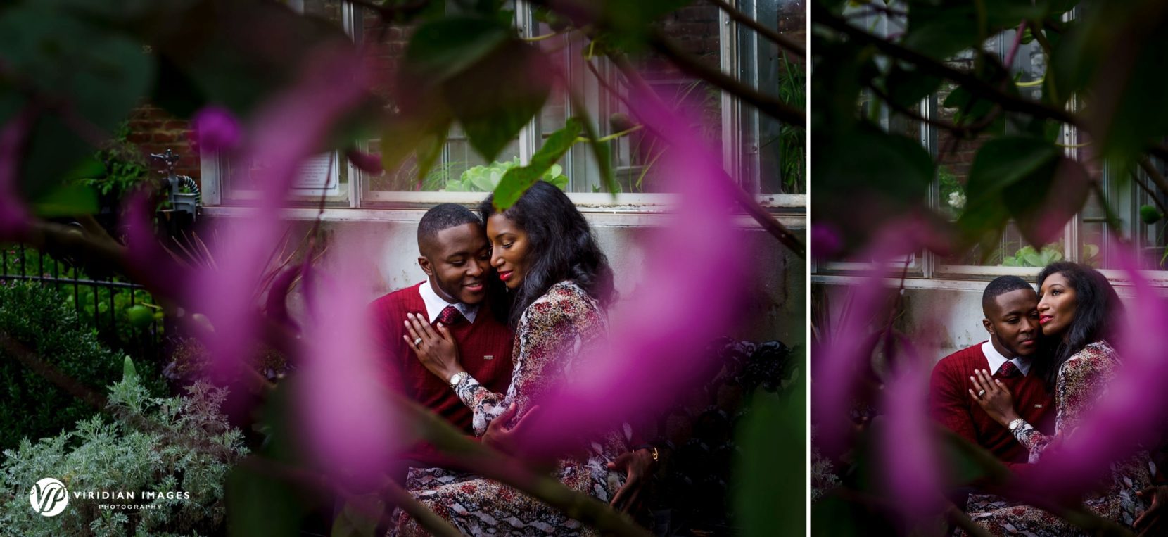Romantic moment of engaged couple through purple flowers at Oakland Cemetery