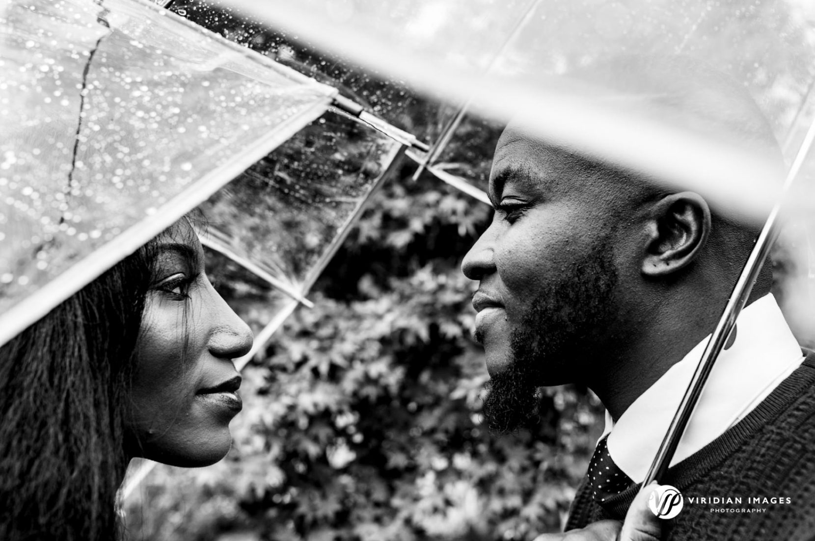 Couple kissing under clear umbrella during Oakland Cemetery engagement session in Atlanta