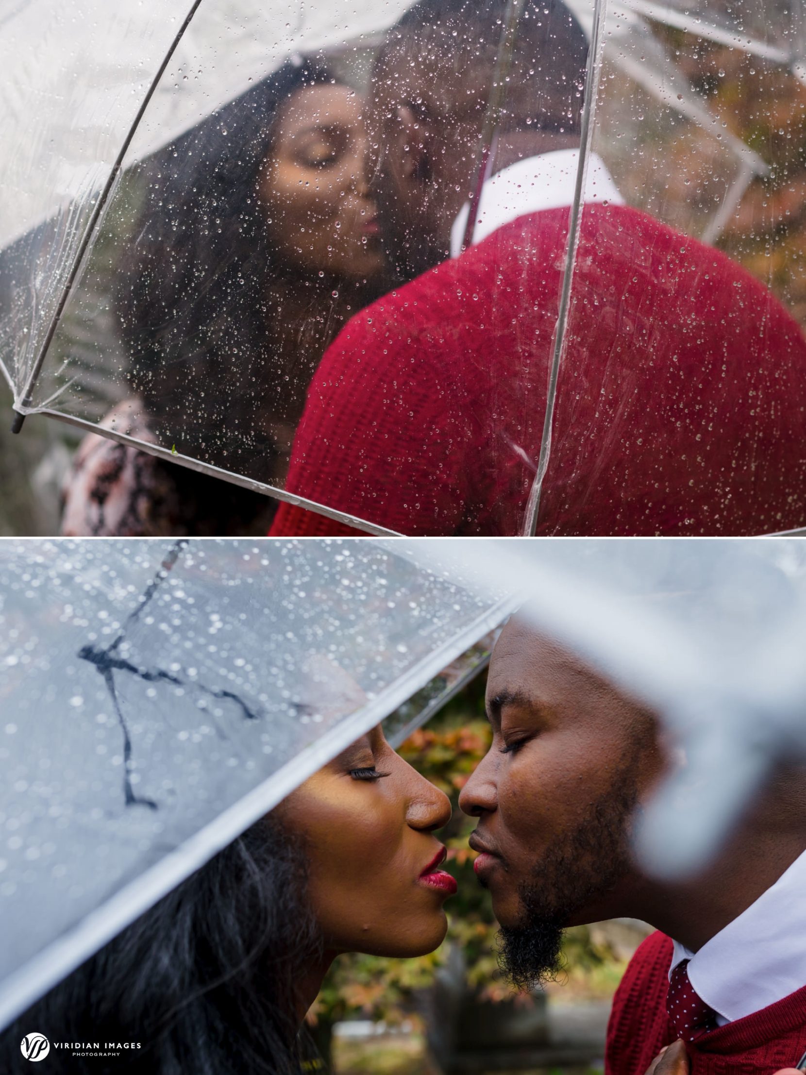 Couple kissing under clear umbrella during Oakland Cemetery engagement session in Atlanta