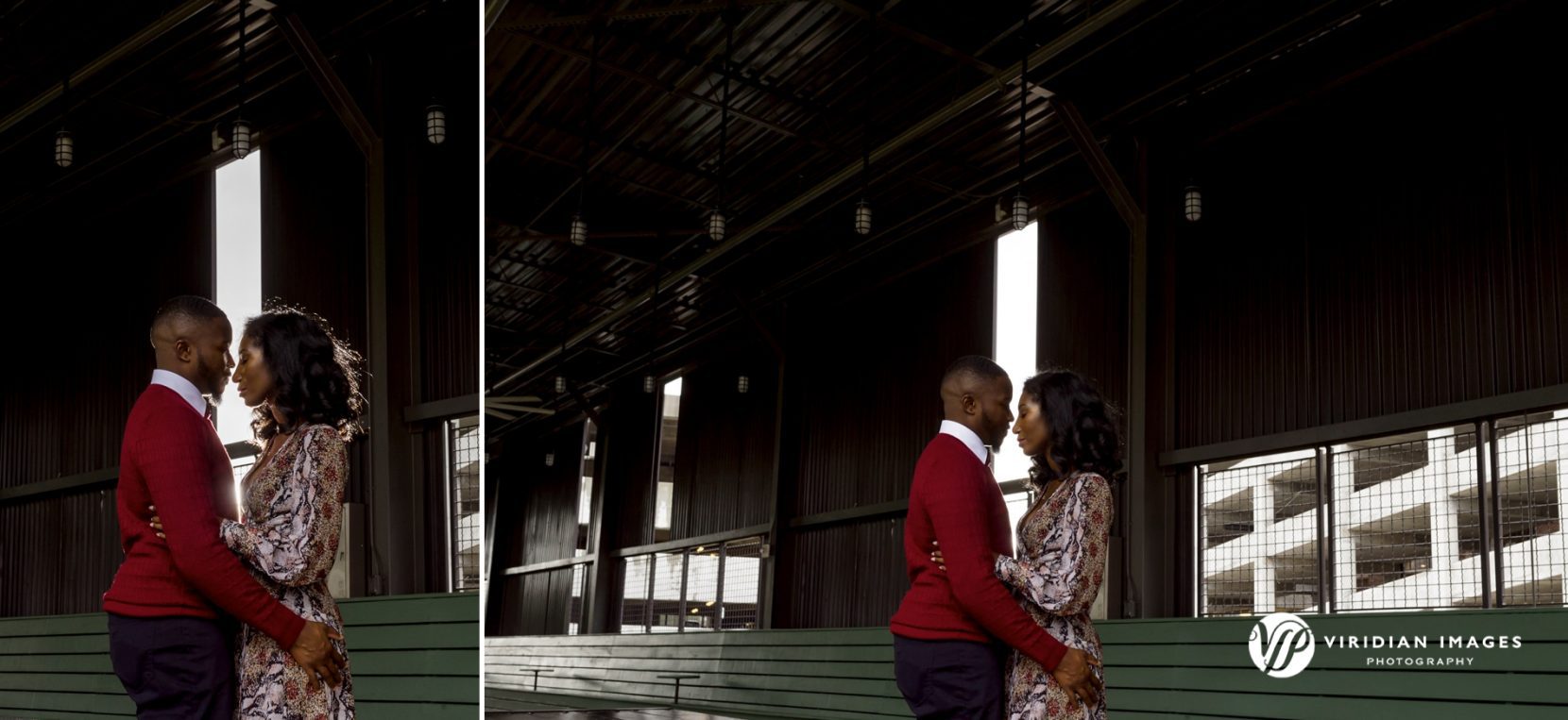 Elegant engaged couple sharing a quiet moment under covered walkway at Ponce City Market