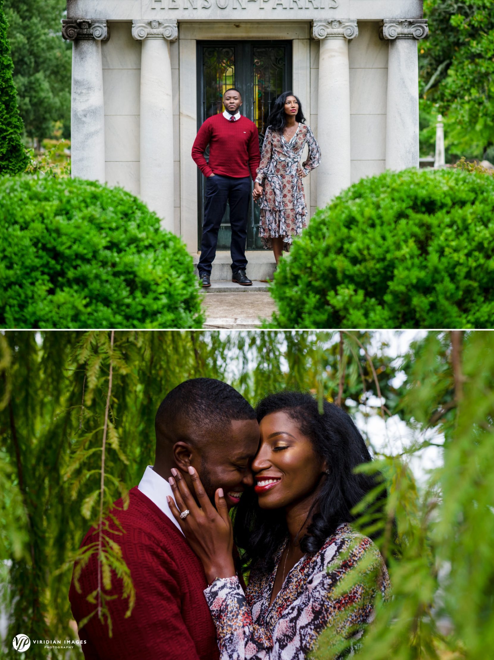 Editorial style portrait during rain-day engagement session at Oakland Cemetery