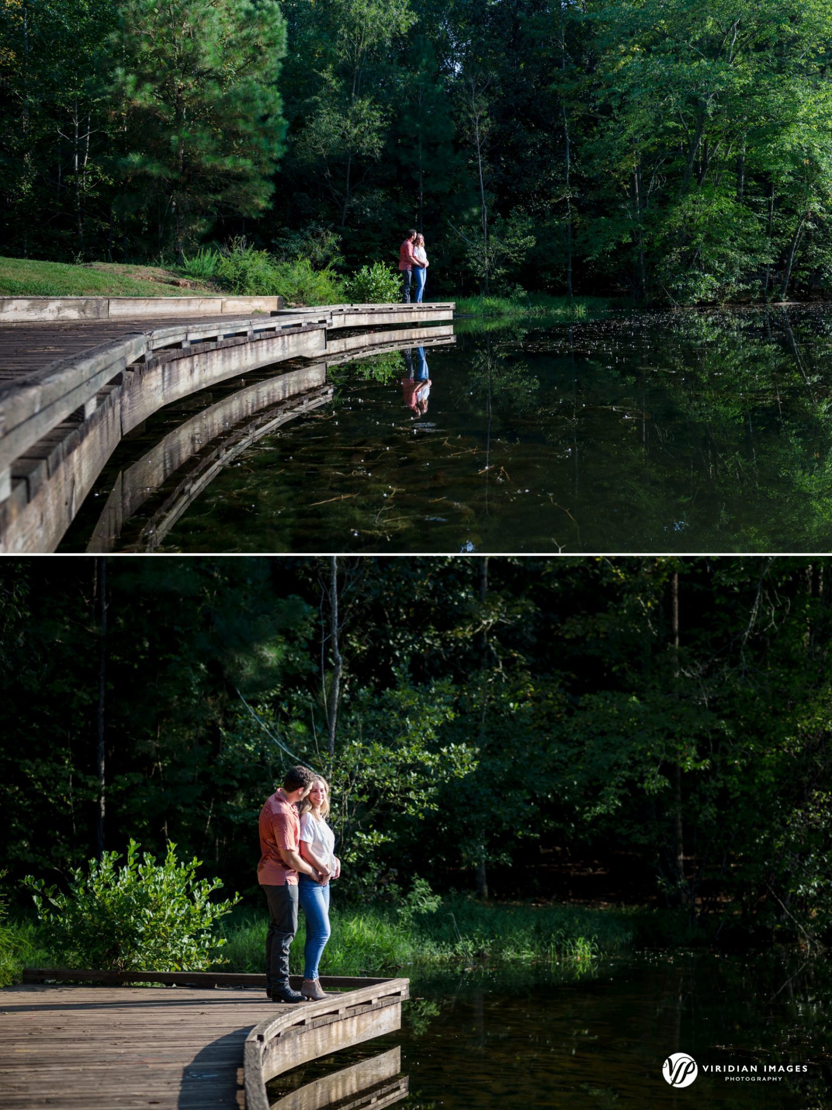 Courtney and Dylan standing at edge of wooden deck during their engagement session at Sope Creek
