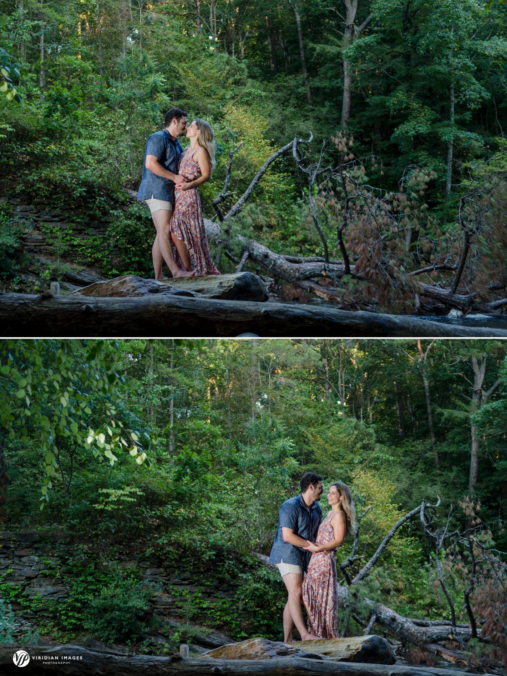 Couple standing by river on downed tree trunks during engagement session at Sope Creek
