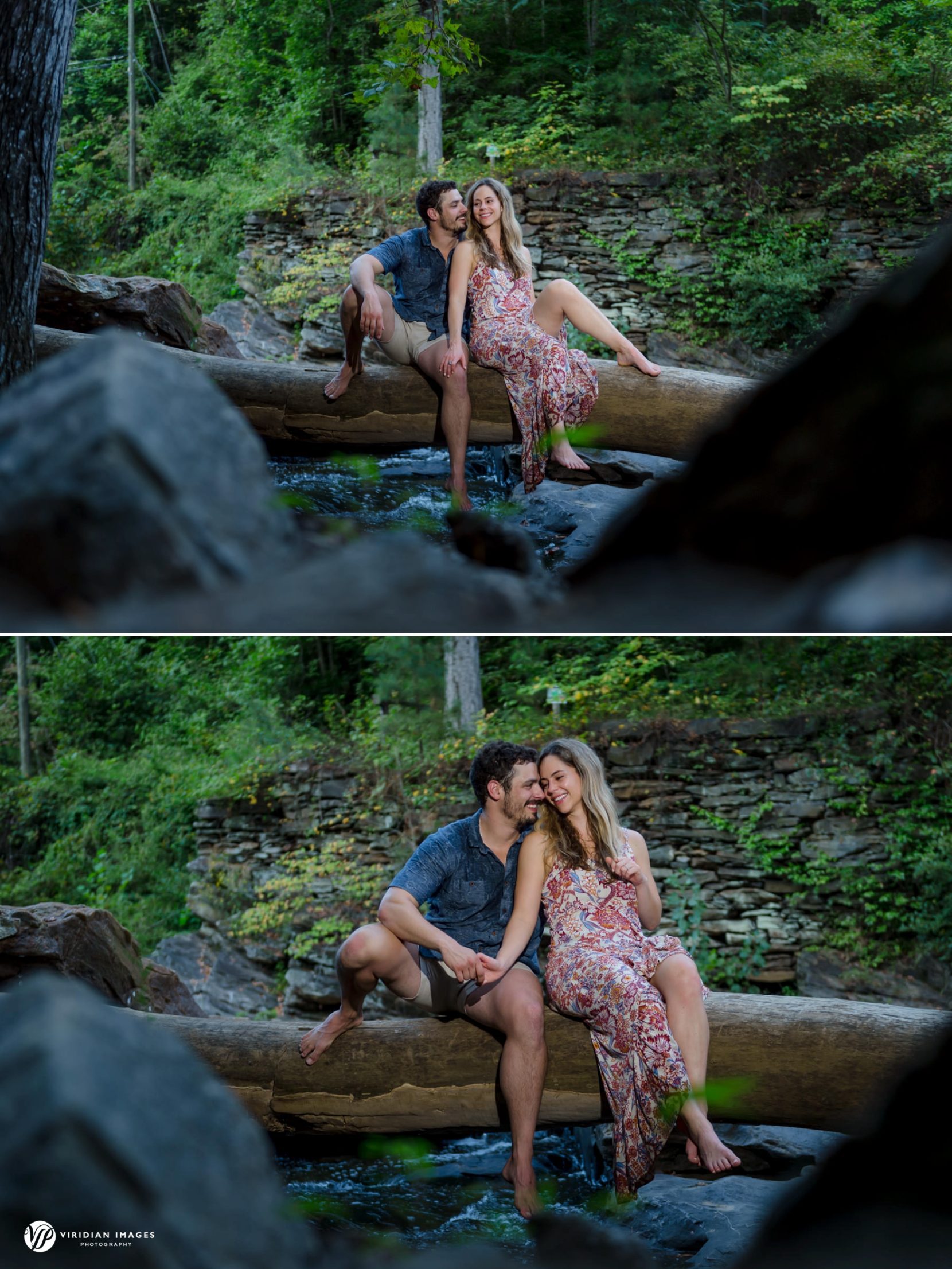 Couple sitting on log over river at Sope Creek engagement session
