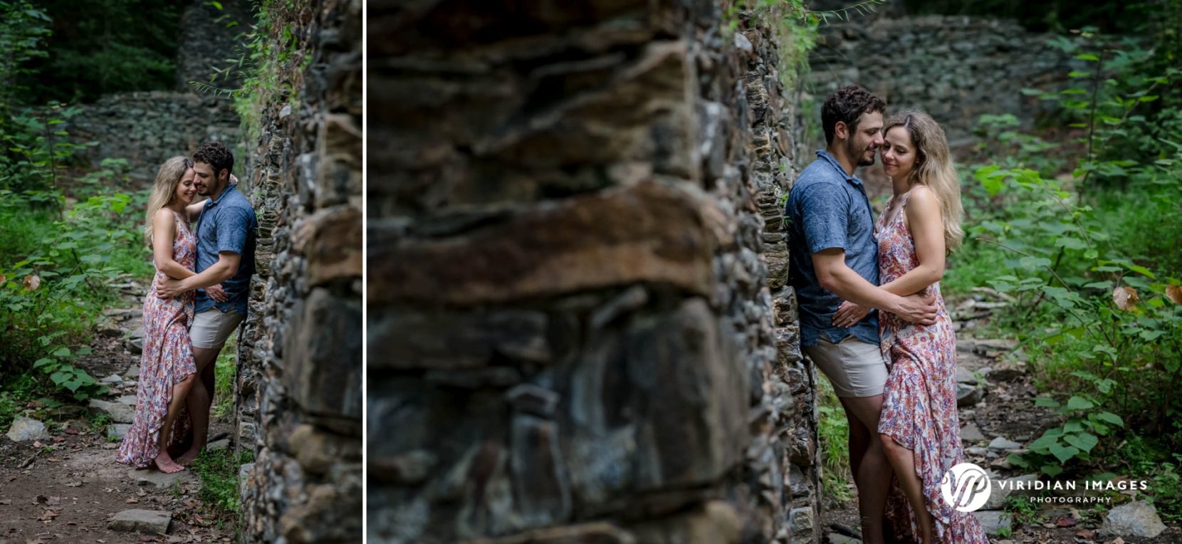 Groom-to-be gives his bride a tender kiss among the textured walls of Sope Creek ruins