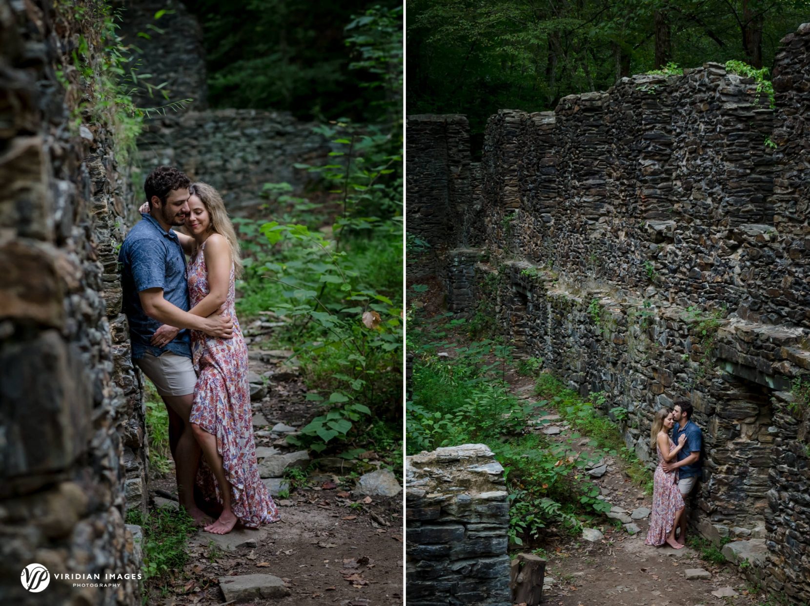 Romantic close-up portrait against ruins at Sope Creek