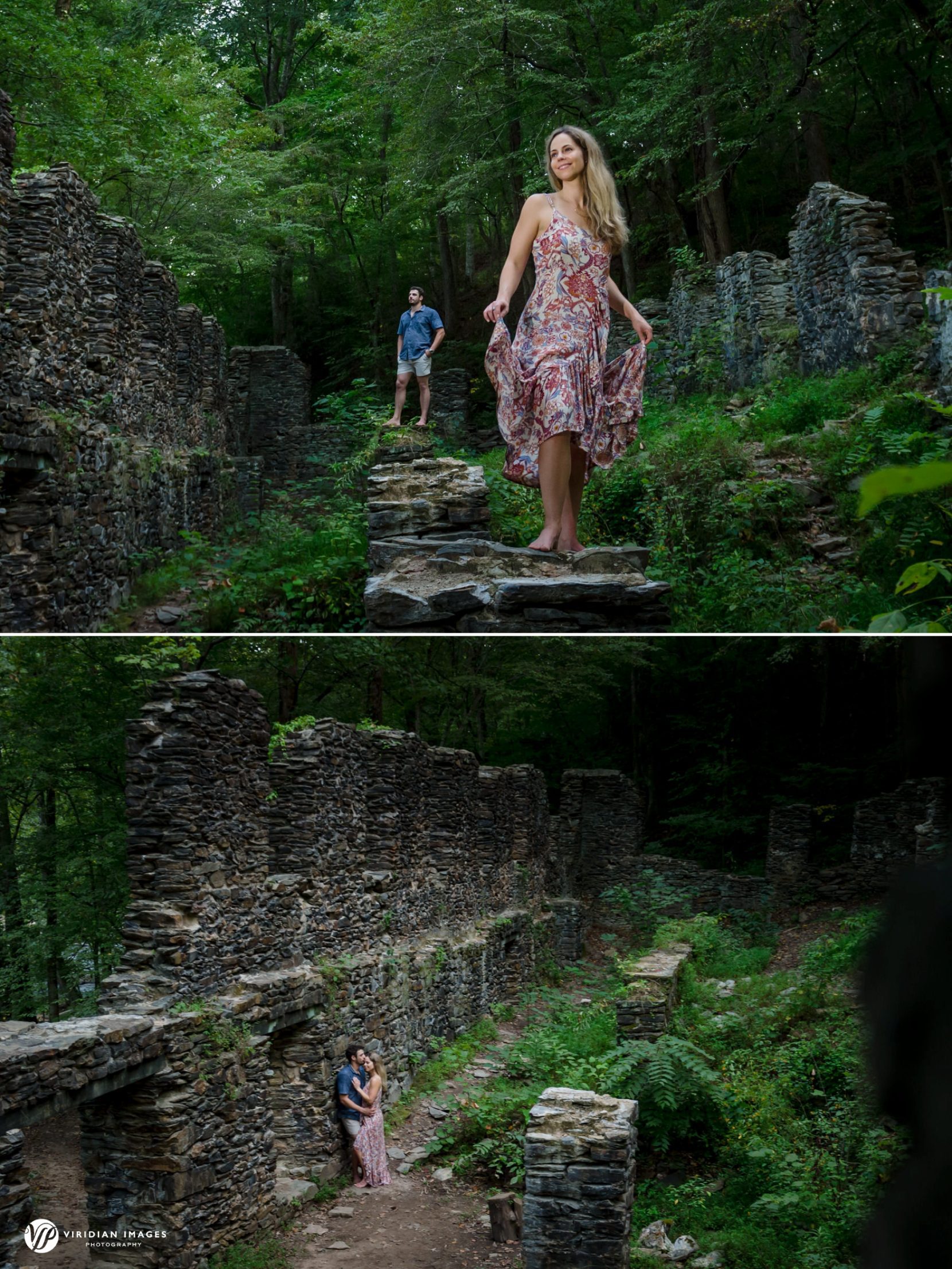 Artistic photo of layered frame of couple against Sope Creek ruins