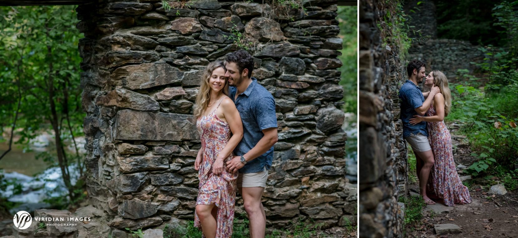 Couple pose between weathered stone columns of Sope Creek paper mill ruins during engagement session