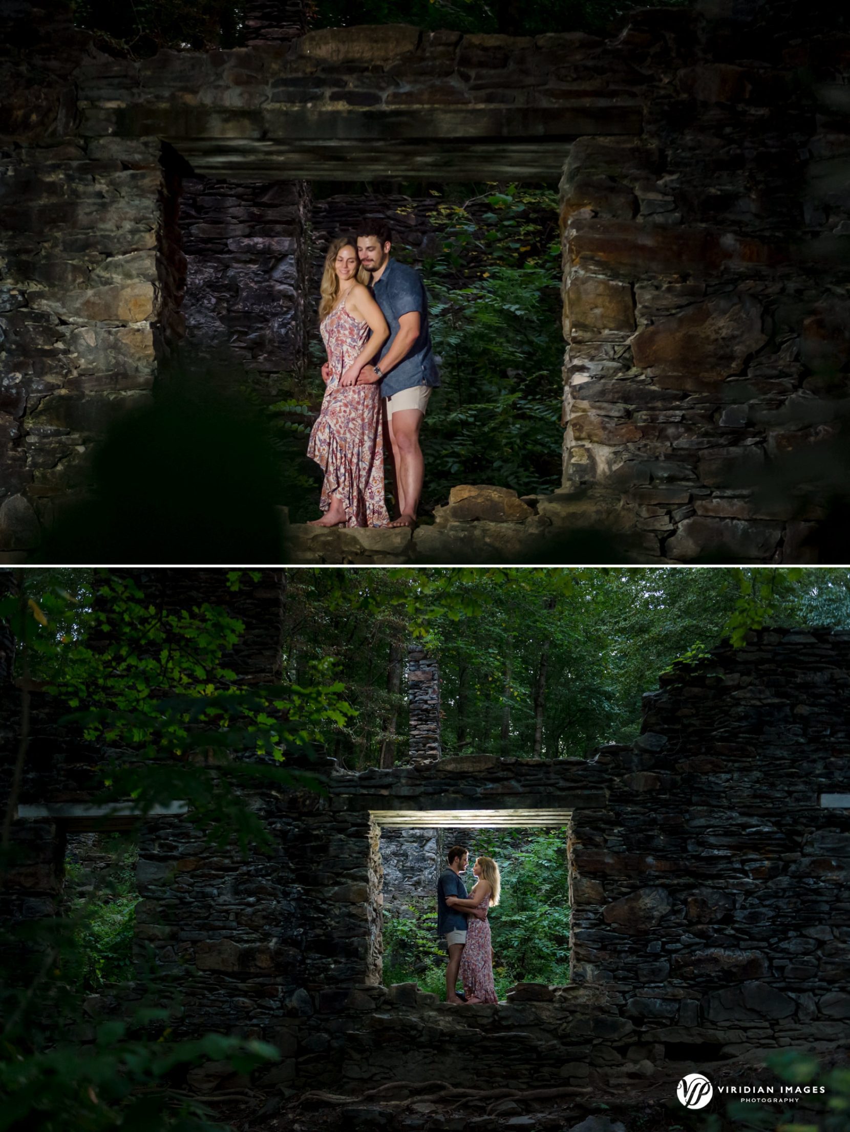 Couple sharing a romantic gaze and moment near a window-like opening in the Sope Creek Trail ruins