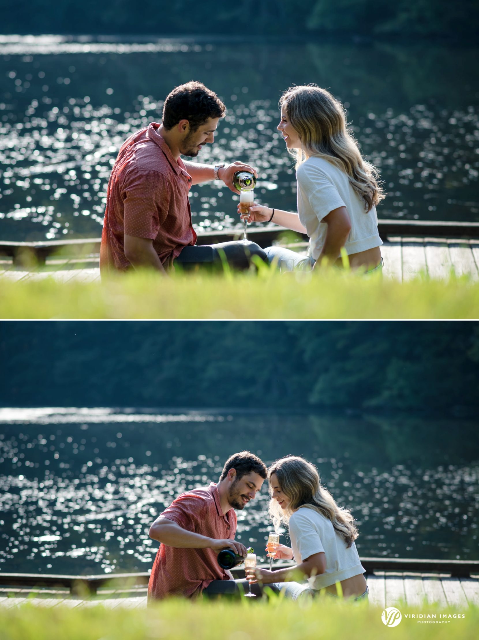 Engagement couple toasting champagne by lake at Sope Creek Trail