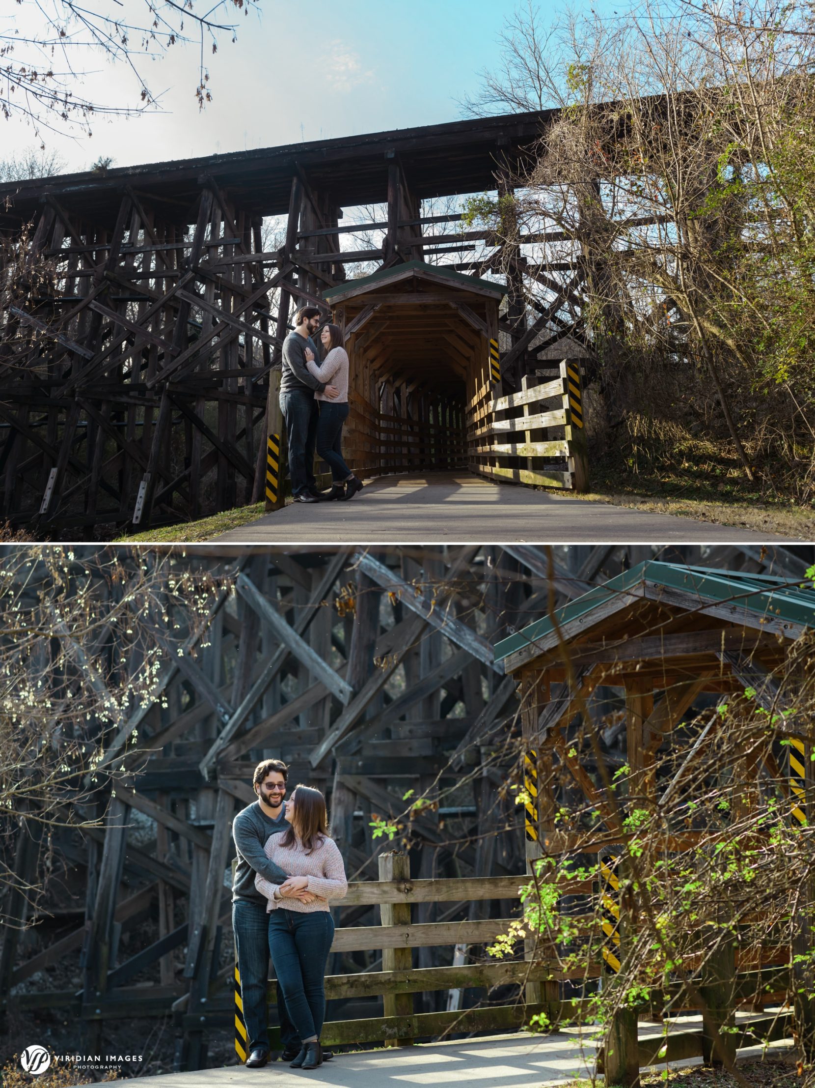 Engaged couple portrait by bridge under train trestle at Tanyard Creek