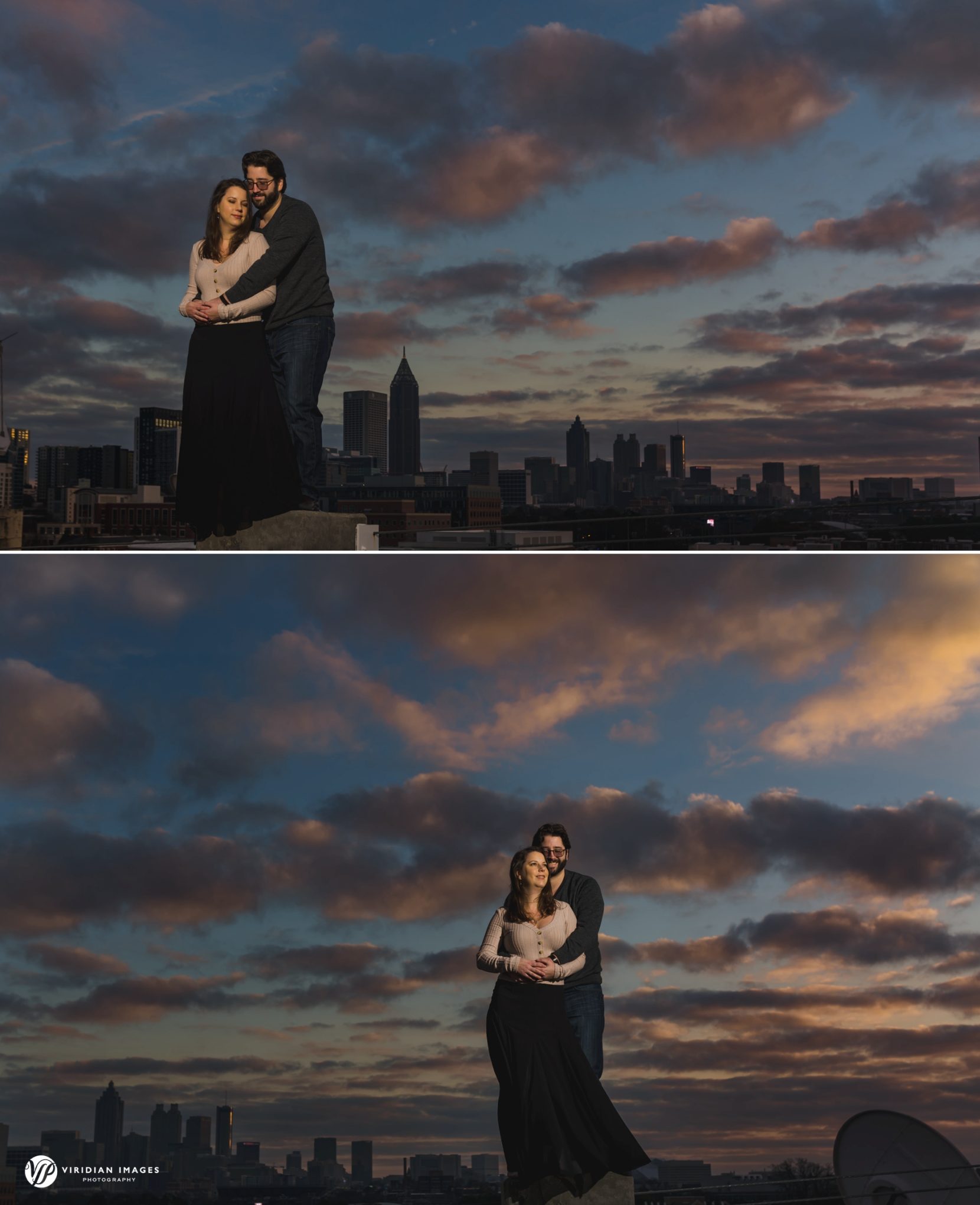 Warm embrace of couple on edge of parking garage ledge with Atlanta city skyline at sunset