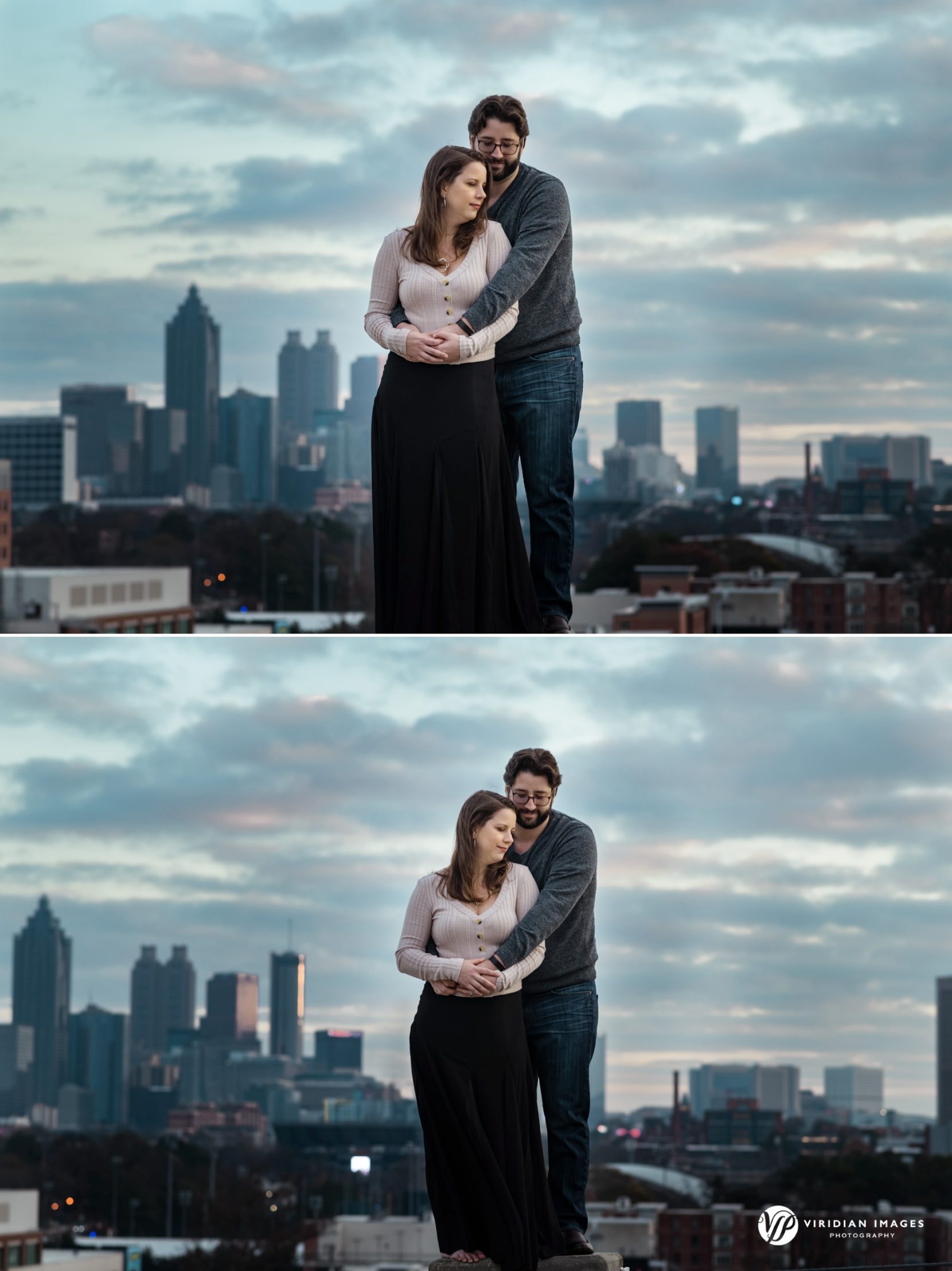 engaged couple hugging with skyline background at sunset