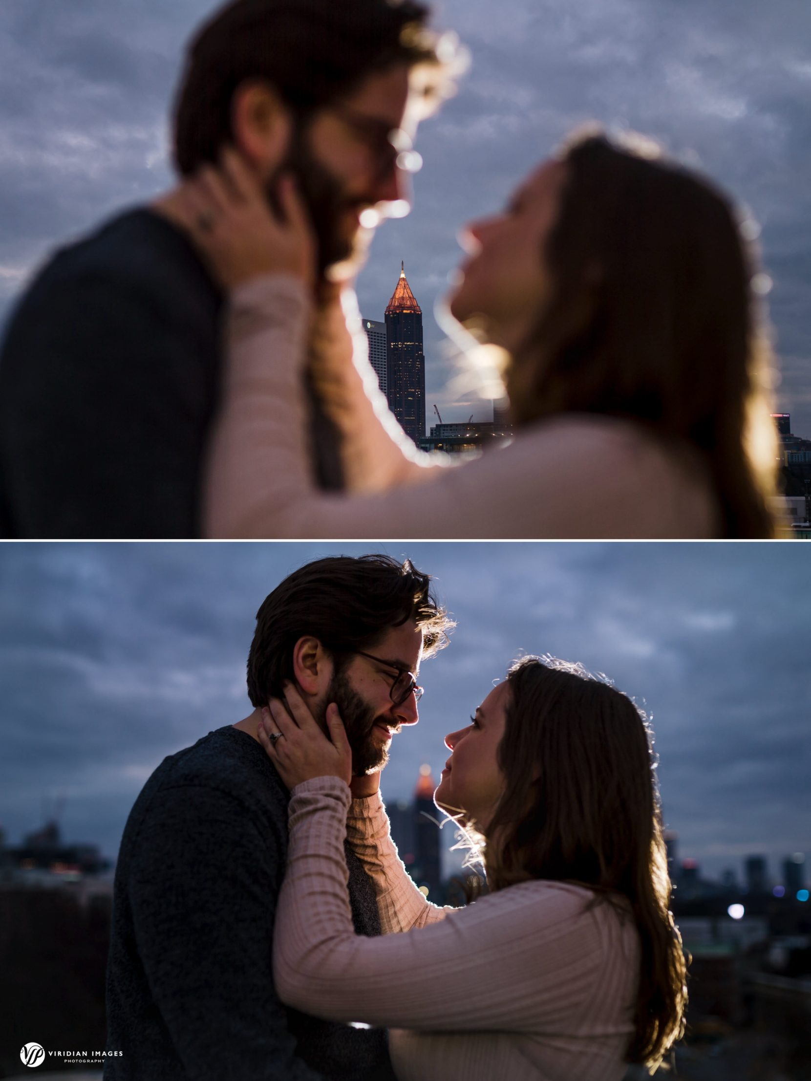 Engaged couple holding each other faces against Atlanta city skyline