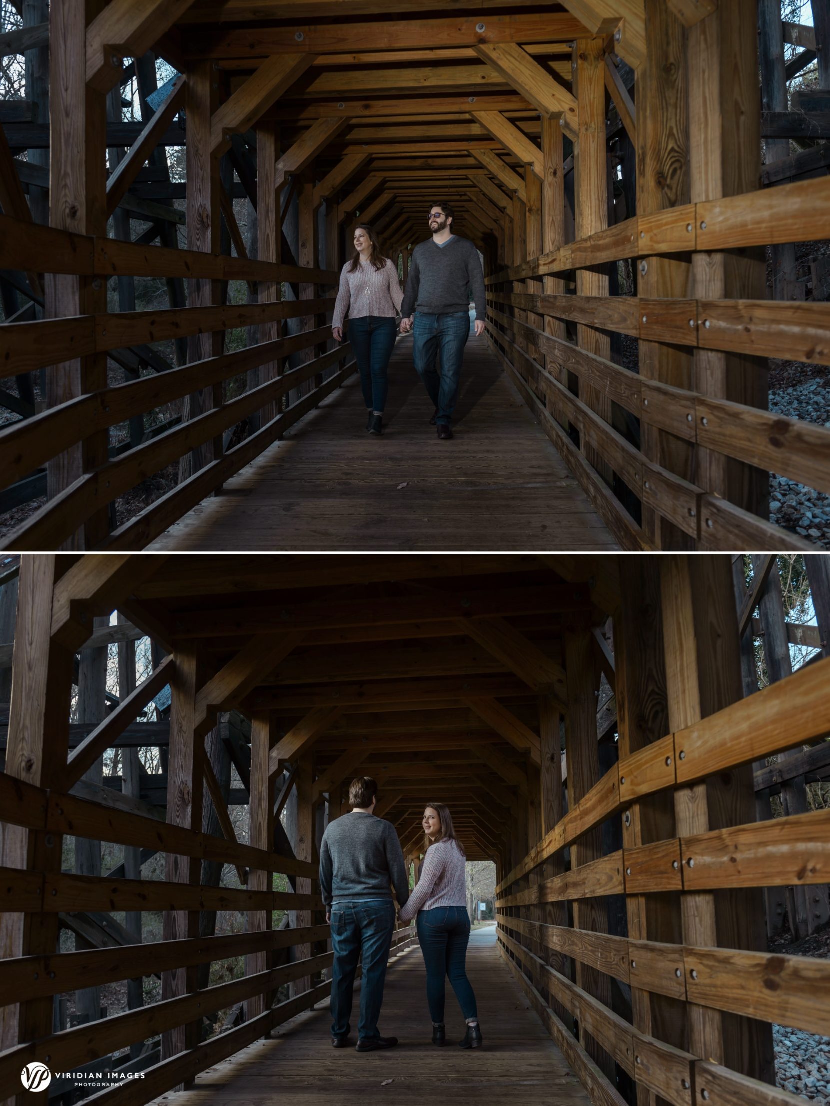 couple walking hand-in-hand under train trestle covered tunnel