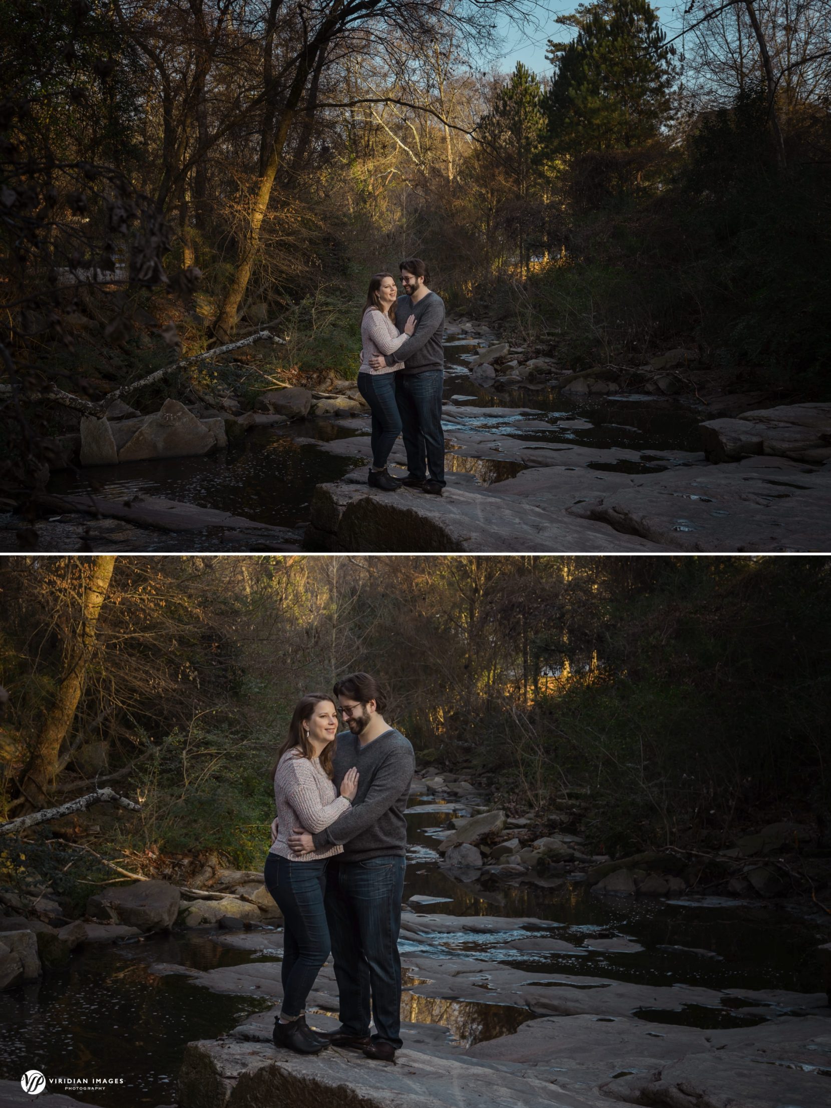 Couple standing on river creek bolders during engagement session