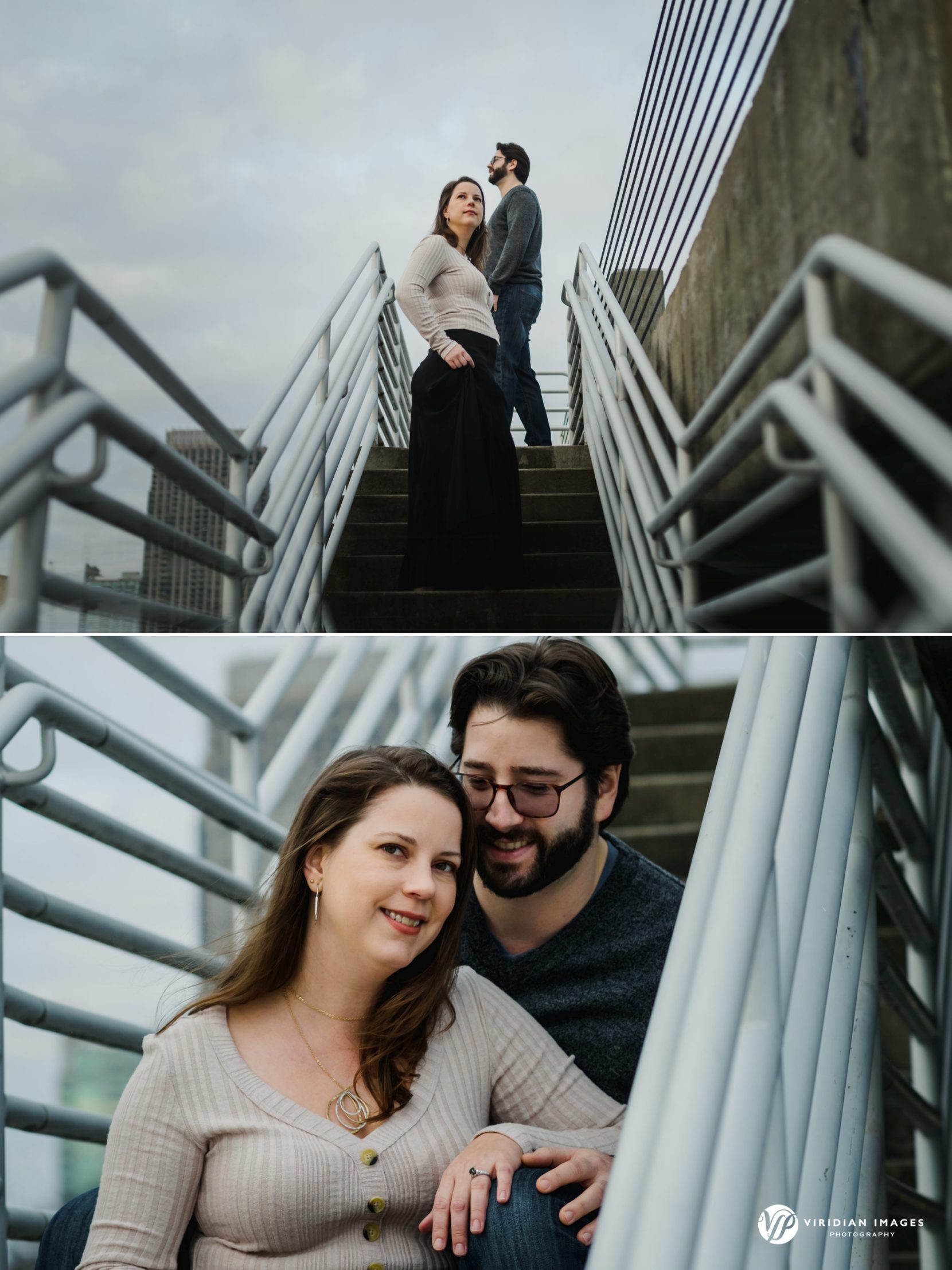 Engagement session on parking garage stairs in downtown Atlanta