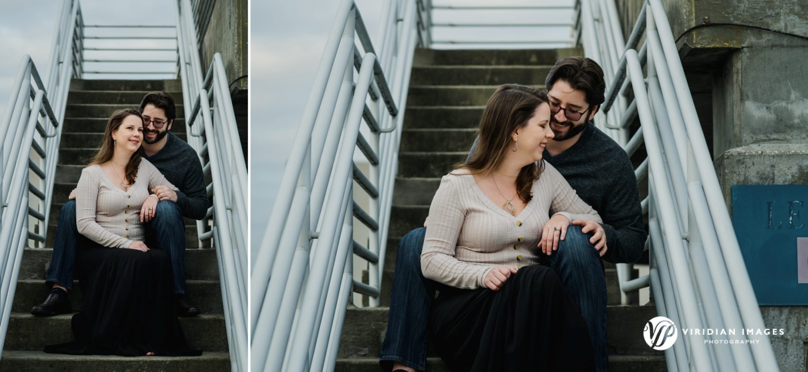 Happy couple sitting on parking garage stairs outdoor during engagement session in downtown Atlanta