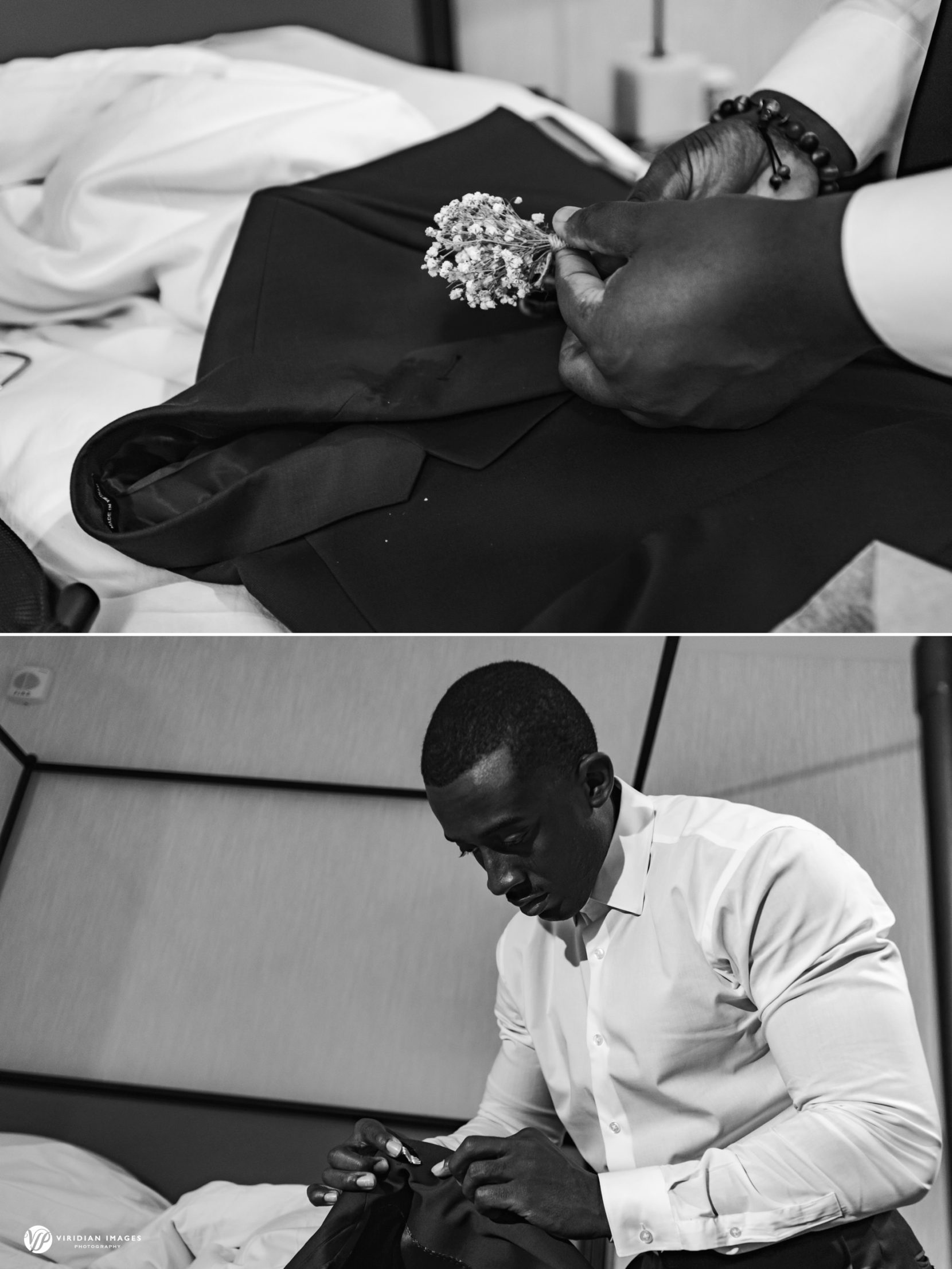 Groom inserting boutonniere while getting ready at Hyatt Regency Atlanta Perimeter before Villa Christina wedding