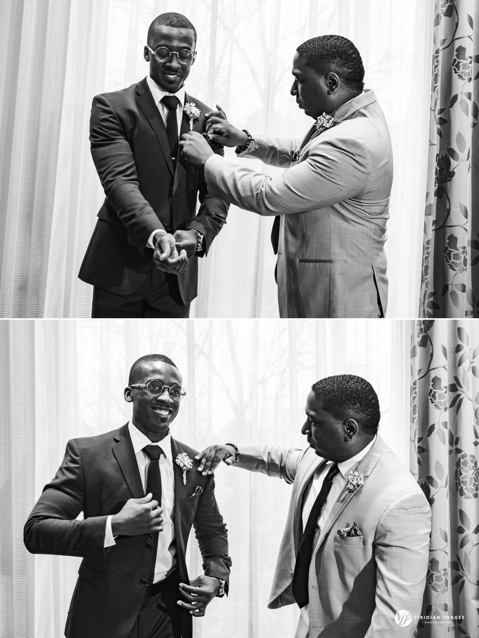 Groomsmen helping groom with cufflinks at Hyatt Regency Atlanta Perimeter on wedding morning