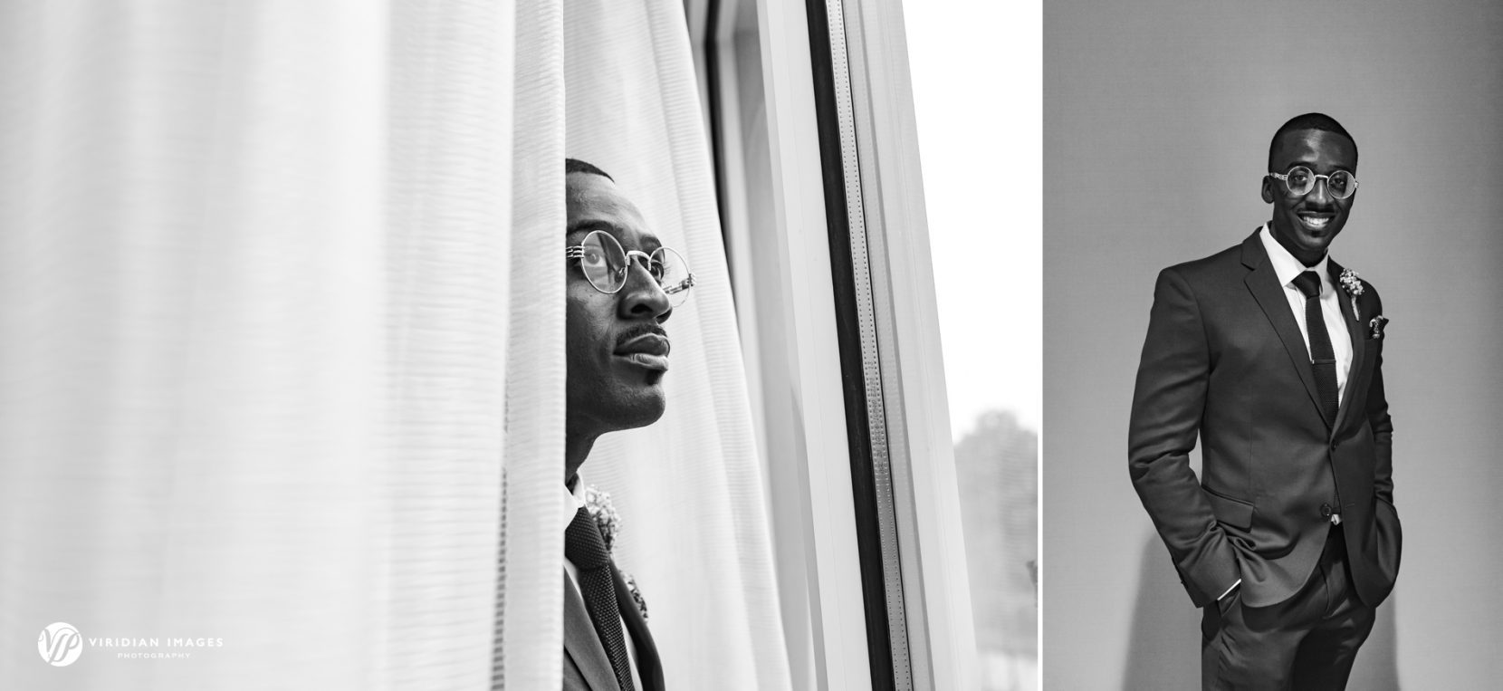 Groom natural light portrait by window light at Villa Christina Rainy Day Wedding