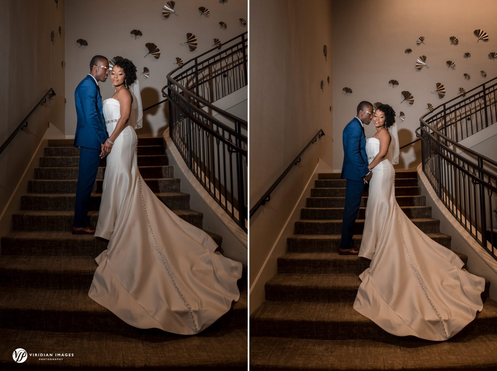 Dramatic Portrait at grand staircase of Hyatt Regency Villa Christina Rainy Day Wedding