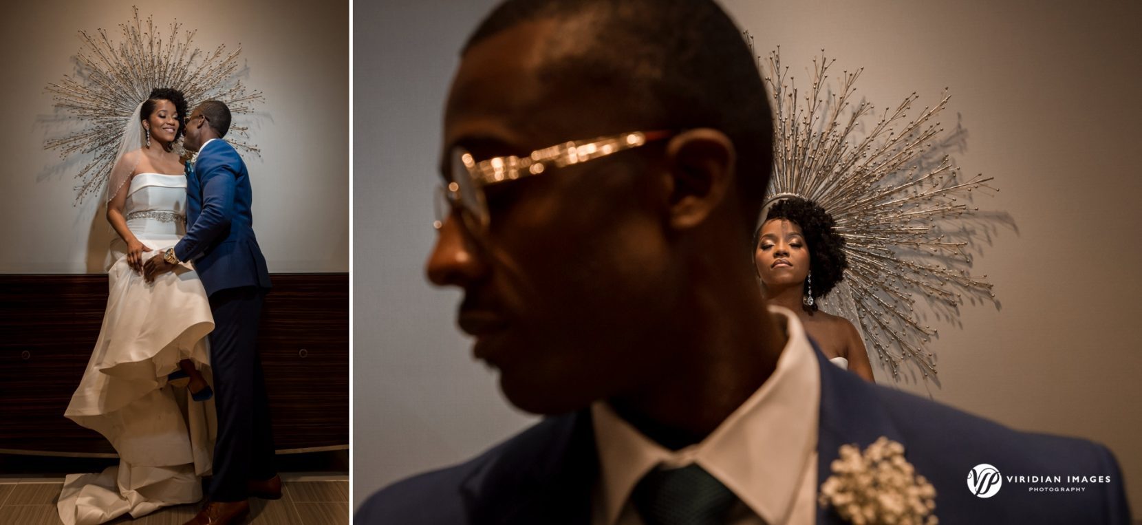 Award-winning indoor wedding portrait of bride and groom in narrow hallway near elevators at Villa Christina
