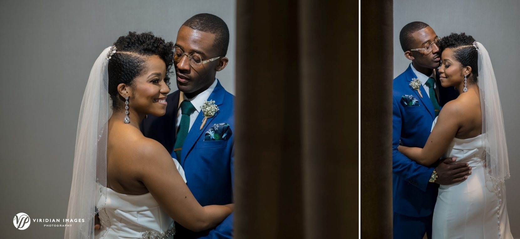 Indoor wedding portrait of bride and groom in narrow hallway near elevators at Villa Christina