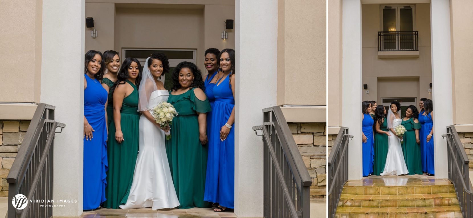 Bride and bridesmaids portrait under cover at Villa Christina Rainy Day wedding