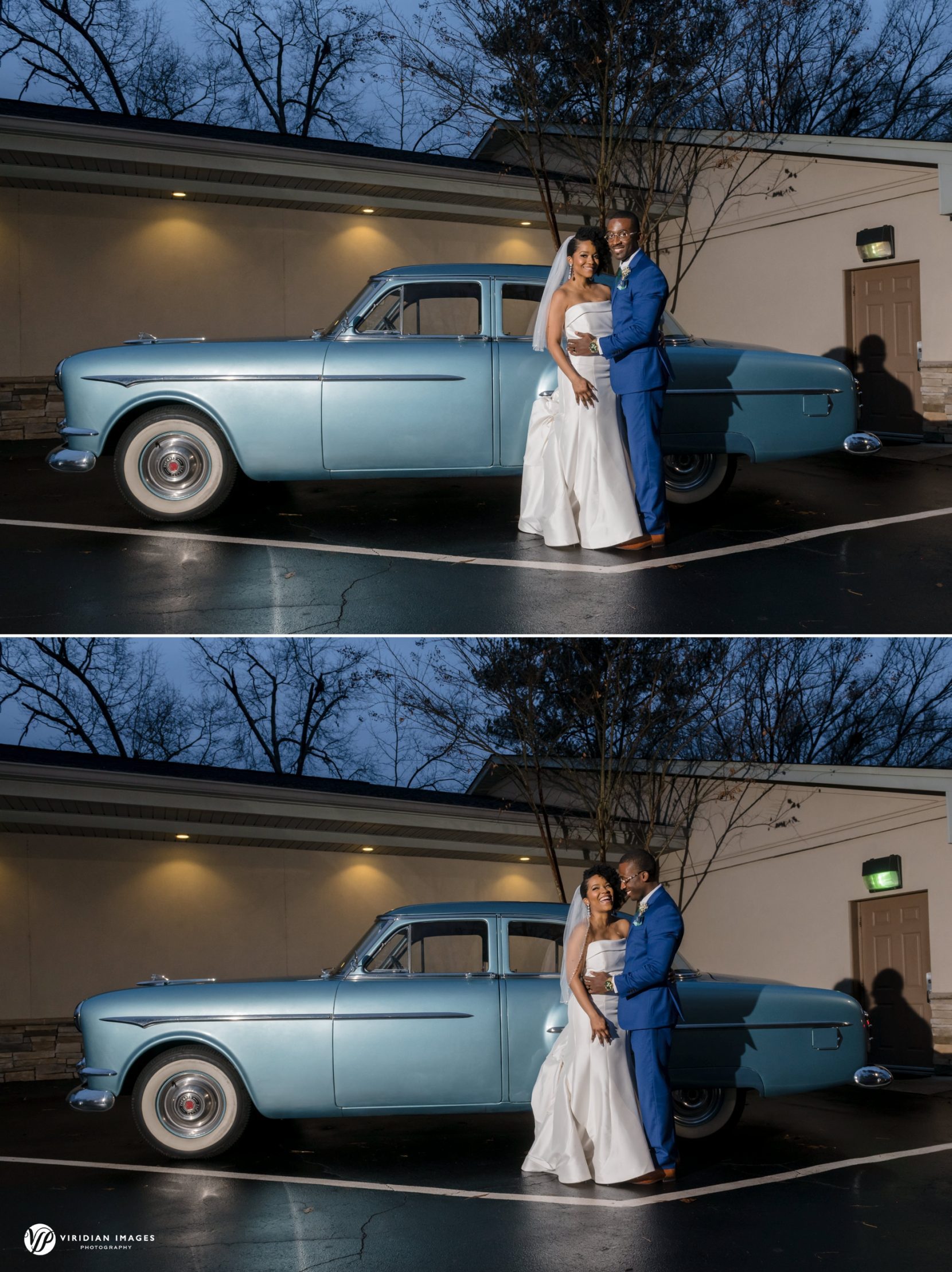Wedding portraits outside Kingdom Hall of Jehovah's Witnesses with blue classic car
