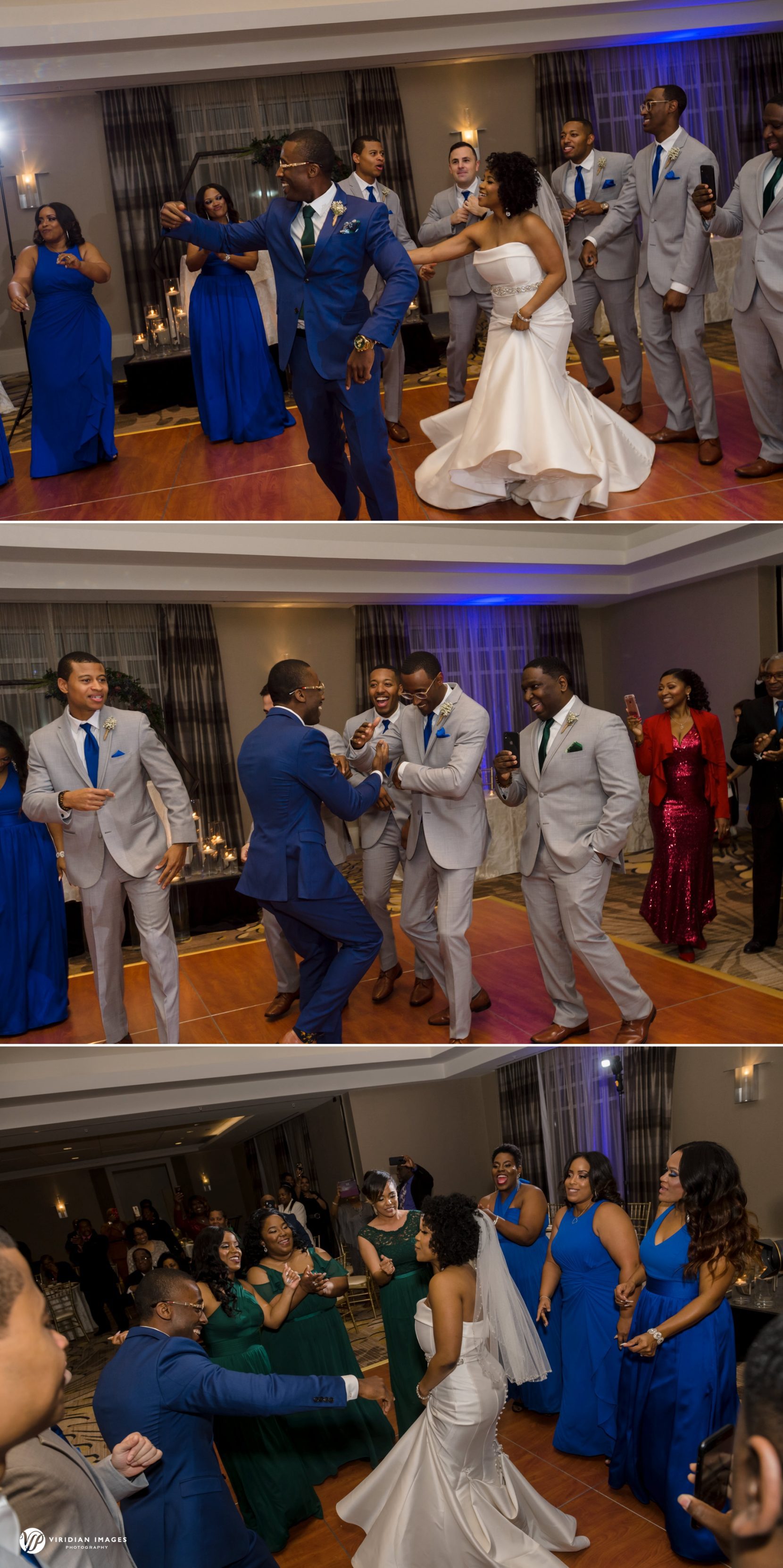Joyful bridal party celebrates indoors with bride and groom at Villa Christina wedding