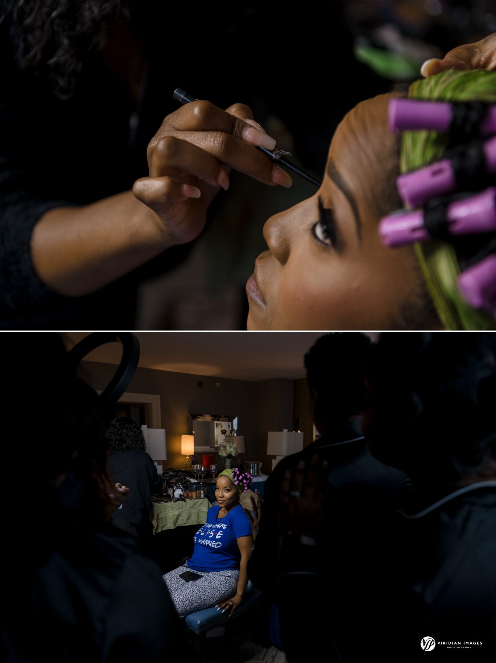 bridesmaid surround bride getting ready at Hyatt Regency Wedding