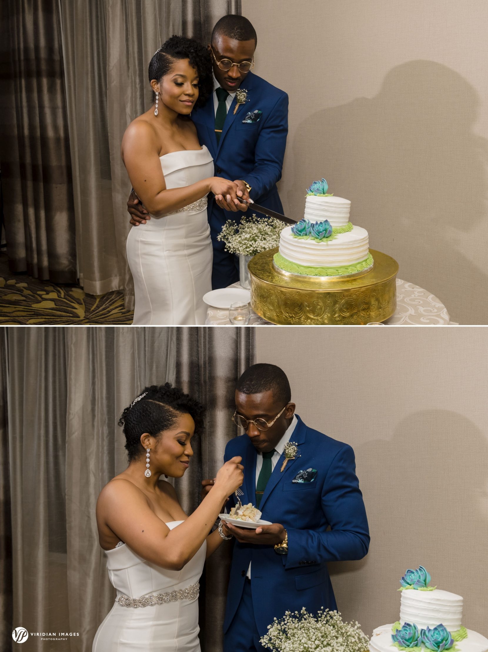 Bride and groom cutting wedding cake at Villa Christina