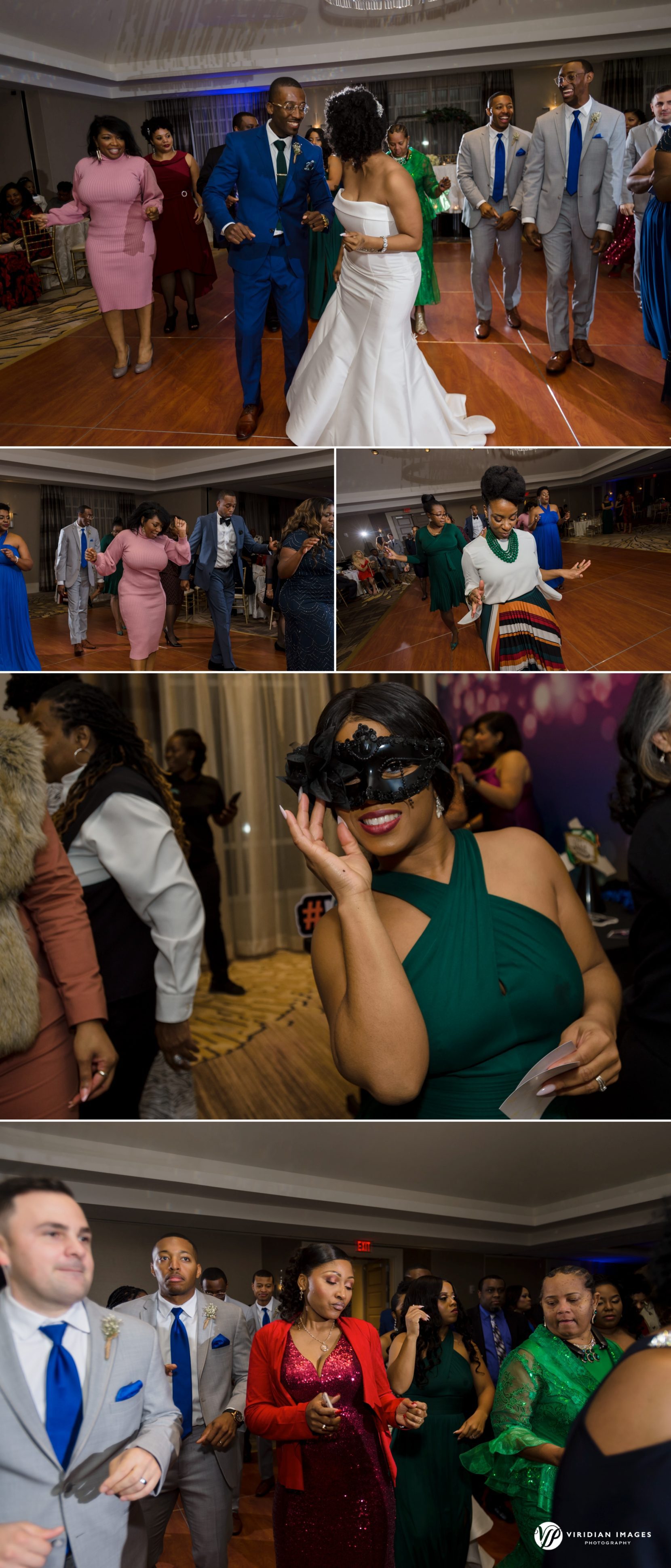 Bride and groom dancing with guests during lively Villa Christina wedding reception