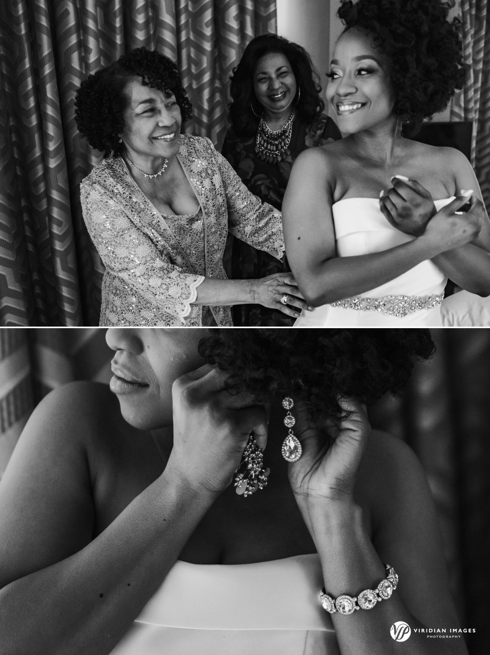 Bride’s mother helping her with jewelry in hotel suite at Hyatt Regency Atlanta before ceremony at Villa Christina