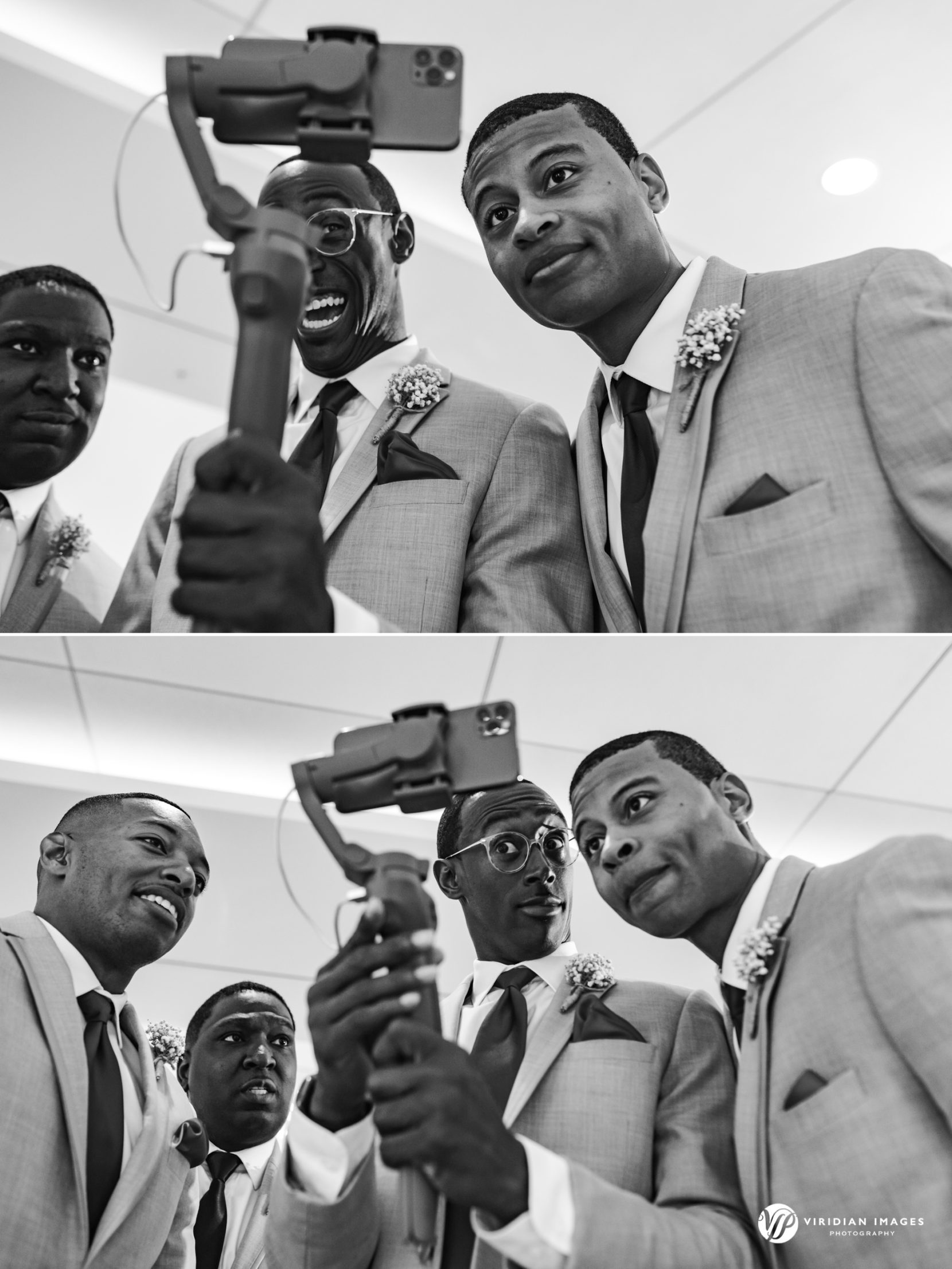 Groom and groomsmen sharing laughs and playing with phone gimbal while getting ready at Hyatt Regency before Villa Christina ceremony