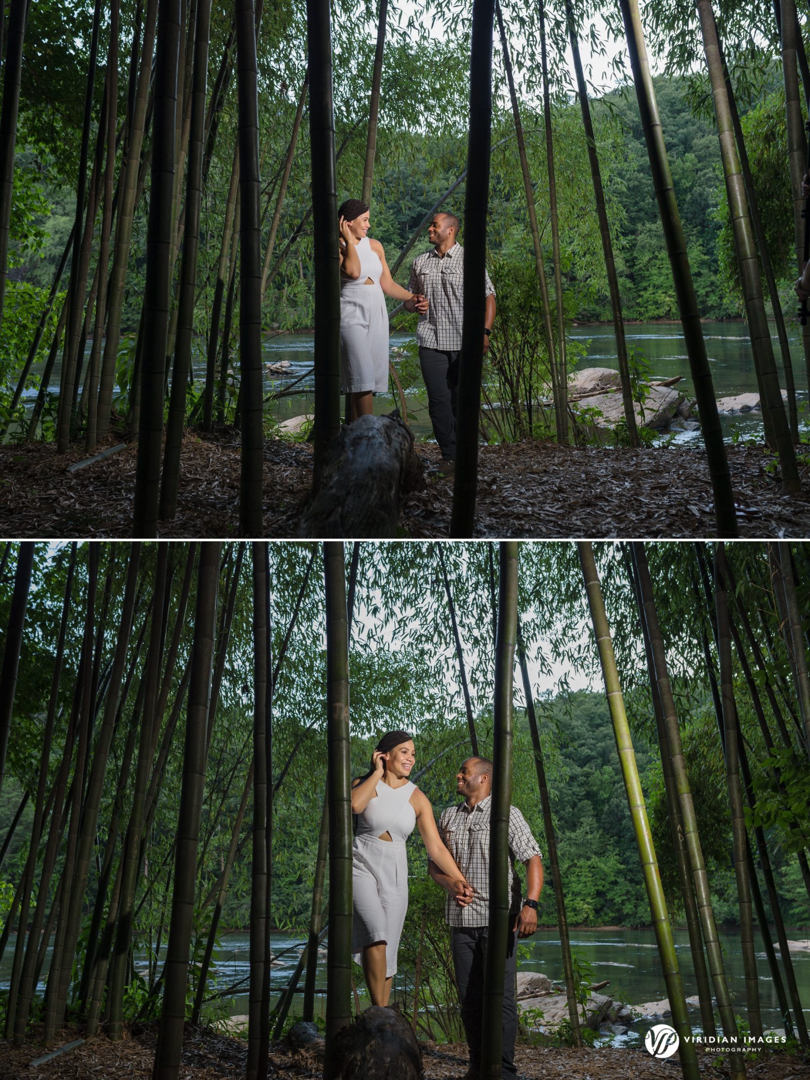 Couple walking toward the camera, laughing with bamboo and greenery framing the trail