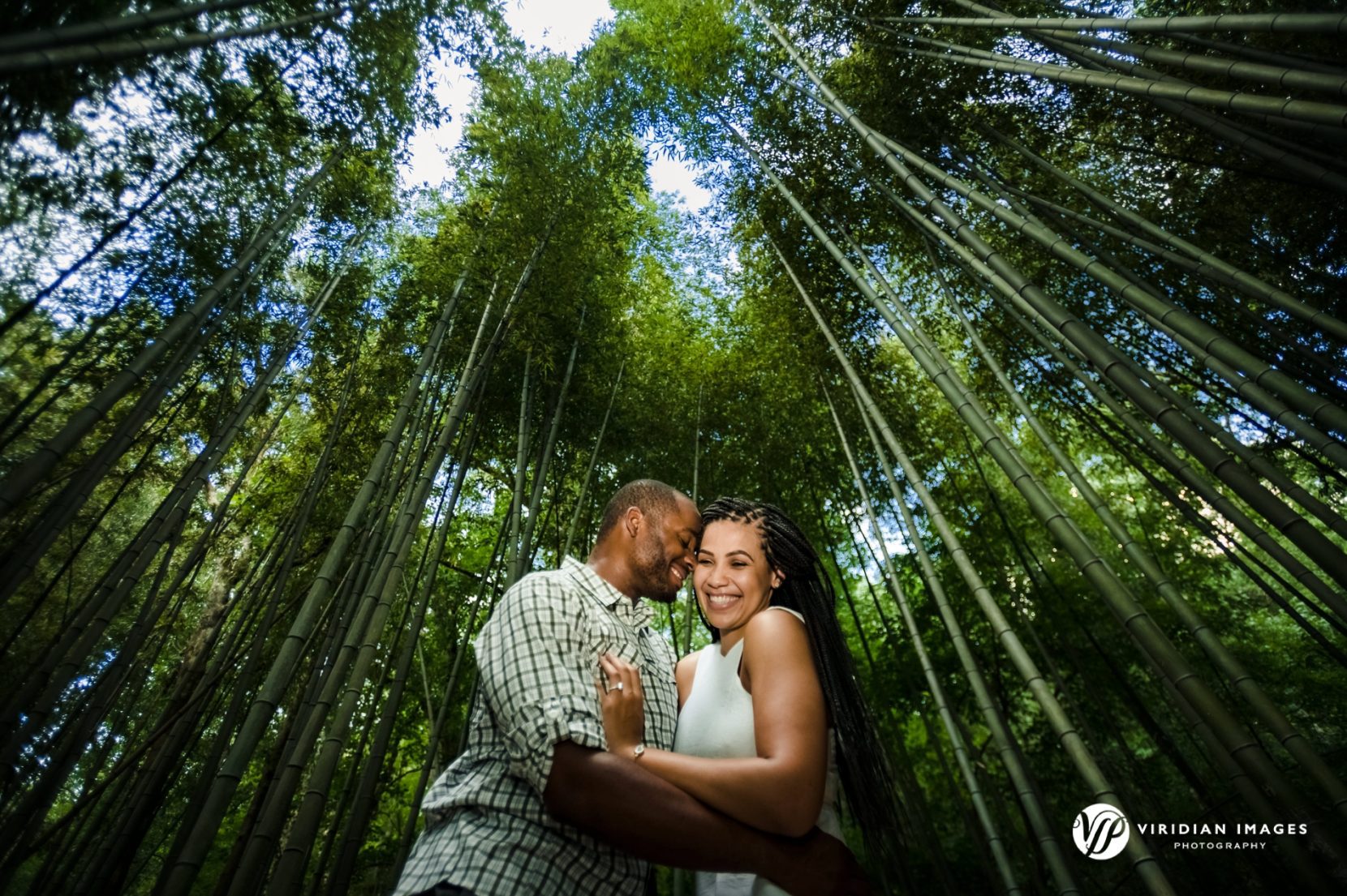 Couple laughing together under filtered sunlight in Atlanta's lush bamboo grove at East Palisades Trail
