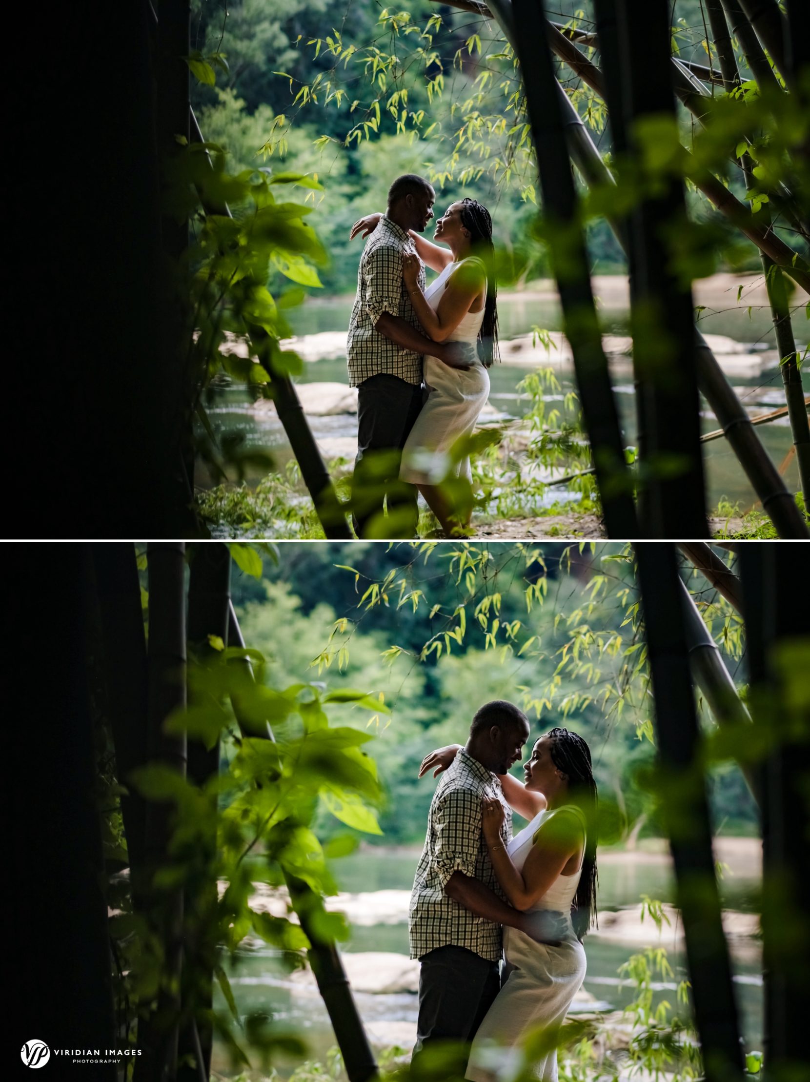 Engaged couple hugging among the bamboo stalks in front of Chattahoochee River in Atlanta