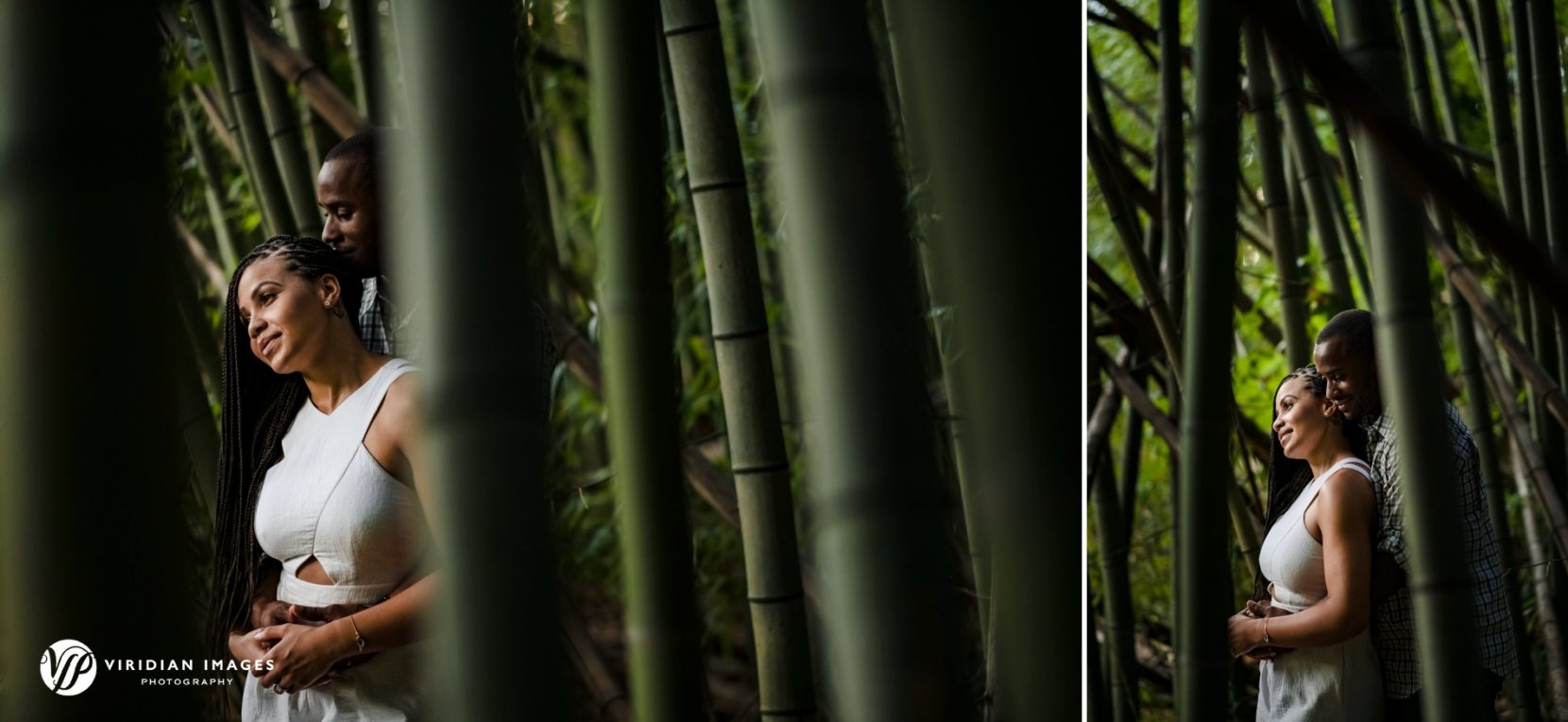Engaged couple embrace beneath tall green stalks of the Bamboo Forest at East Palisades Trail in Atlanta